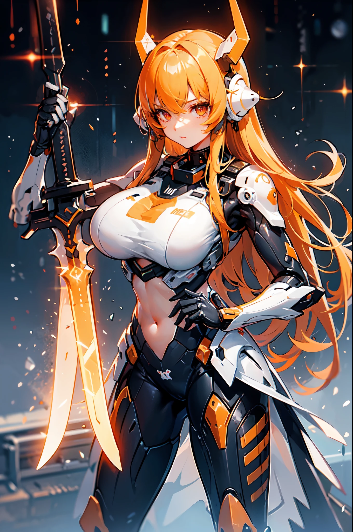 mecha_musume, 1girl, long_hair, science_fiction, weapon, sword, holding_sword, orange_eyes, solo, headgear, holding_weapon, mecha, standing_in_space, huge_ass, big_breast, showing_face, showing_stomach.