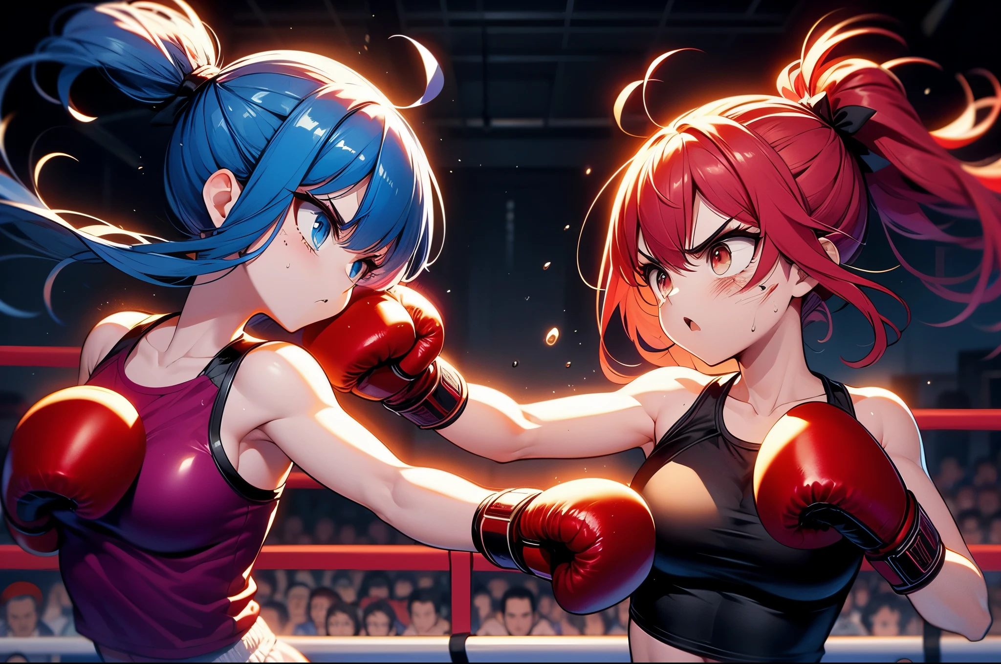 两个穿着boxing运动服的女孩，a blue square，With blue gloves，a red square，Wear red gloves，boxing手综合格斗,abdominal muscles，muscle，There is power，（（perfect limbs）），Final moment，Glaring at each other，championship，PK，tense atmosphere,depth of field，(roar),The crowd watching, lamp,facial injury， lens，戏剧性lamp光， sweaty,((masterpiece)), ((best quality)), ((boxing)),