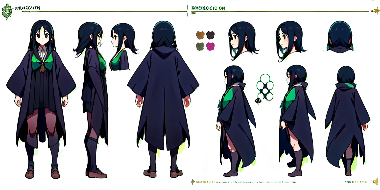 1 young girl, character sheet, concept art, full body, (masterpiece:1.2), (best quality:1.3), 1girl, standing, long stright black hair,, black eyes, Hogwarts Slytherin Robe