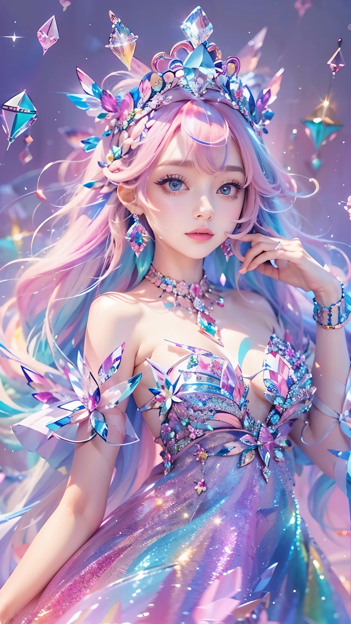 best quality，masterpiece，16k，1girl, bangs, bare shoulders, breasts, crown, crystal, dress, from side, gem,Colorful crystals,Crystal Headwear,There are many crystals on the clothes,Colorful gradient hair,Colorful Dress,Floating Colorful Crystal,Crystal on the body,Crystal necklace,Colorful crystal decoration,Crystal Girl, gradient hair, jewelry, long hair, makeup, medium breasts, multicolored hair, pink hair, solo, tiara