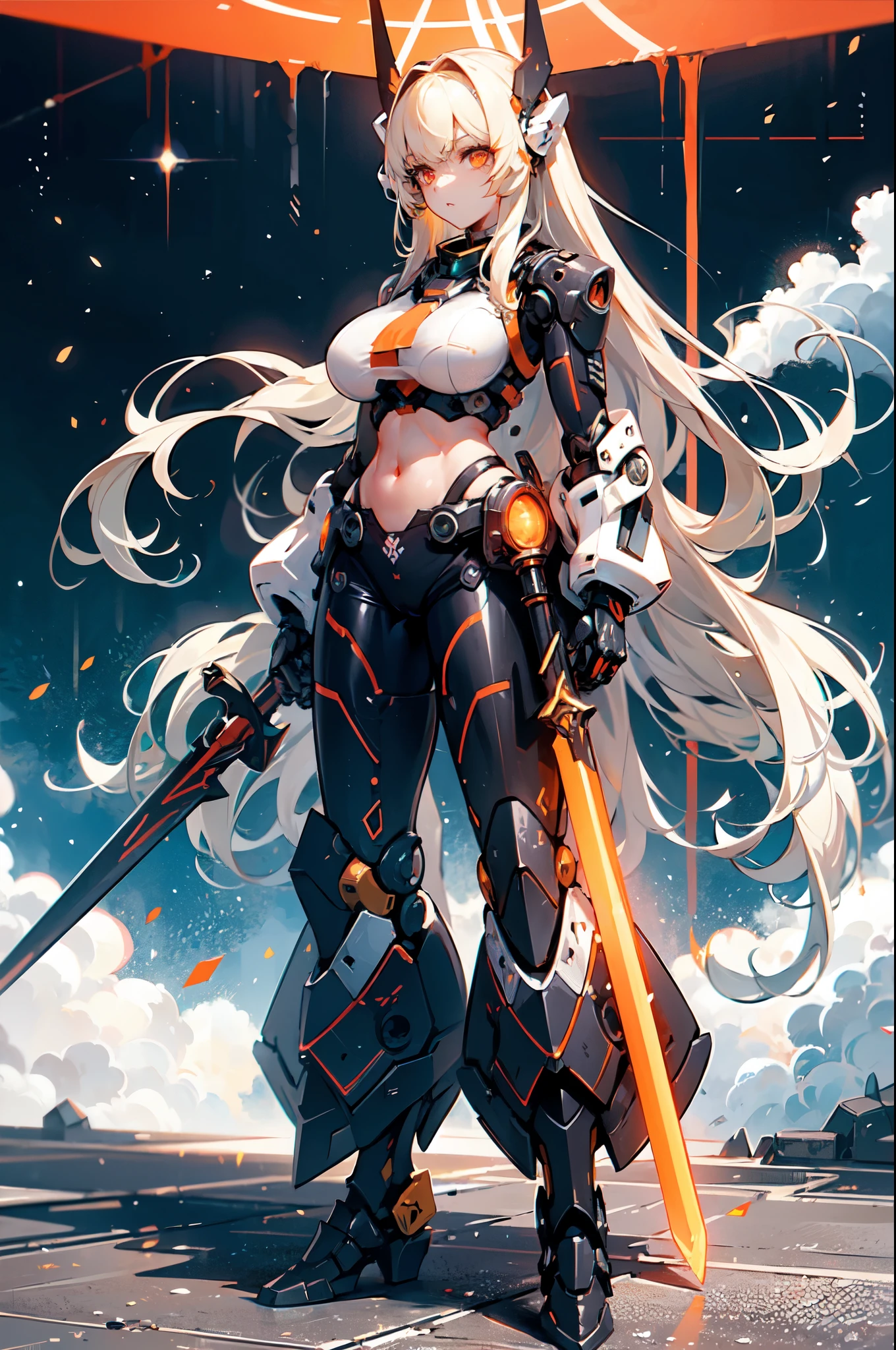 mecha_musume, 1girl, long_hair, science_fiction, weapon, sword, holding_sword, orange_eyes, solo, headgear, holding_weapon, mecha, standing_in_space, huge_ass, big_breast, showing_face, showing_stomach.