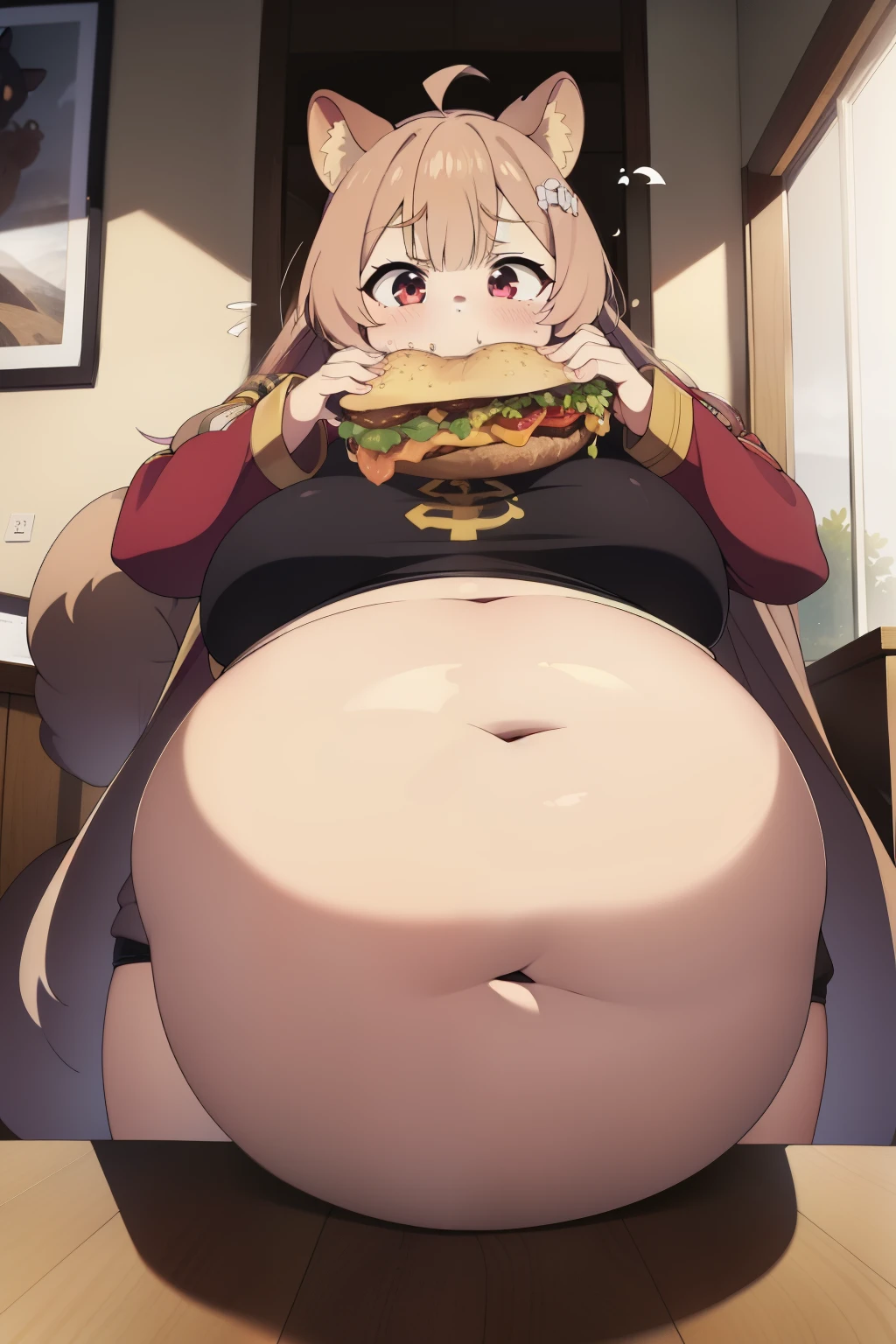 Raphtalia fat, force feed, obese, fat, fatter, round, rotund, food in the hands, grab belly, overeating, stuffed raccoon, burp, burping, scared, red suit, massive fat, huge fat, glutton, gluttony, gluttonous, voracious, force feeding, fliying food