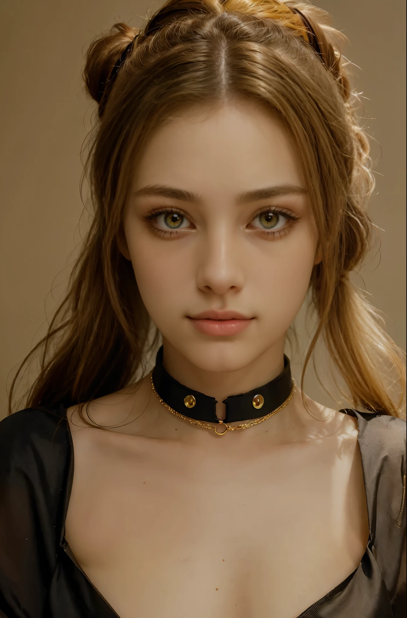 (best quality,4k,highres,masterpiece),ultra-detailed,realistic,professional,portraits,dog collar,3 slave girls,bedroom,gorgeous golden hair in a ponytail,wearing gymnastics leotard with vibrant colors,exquisite eyeliner,mascara enhancing their lashes,eye shadow creating smoky eyes,piercing yellow detailed honey-colored eyes,alluring nose rings,ample and seductive enormous breasts,soft lighting illuminating their flawless skin.back view
