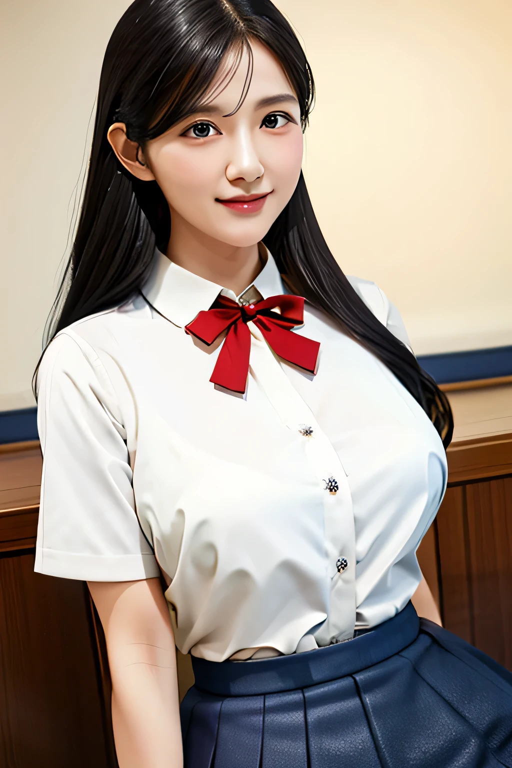 (realistic,8k, RAW photo, highest quality, masterpiece: 1.2),(long black hair,dull bangs),17 year old Japanese woman with perfect body,Please show your teeth and smile,beautiful face,highly detailed face and eyes,Close-up photo of the upper body,smile,((White collared shirt and red bow tie, blue pleated skirt)),(huge breasts:1.1),library,evening,cute pose