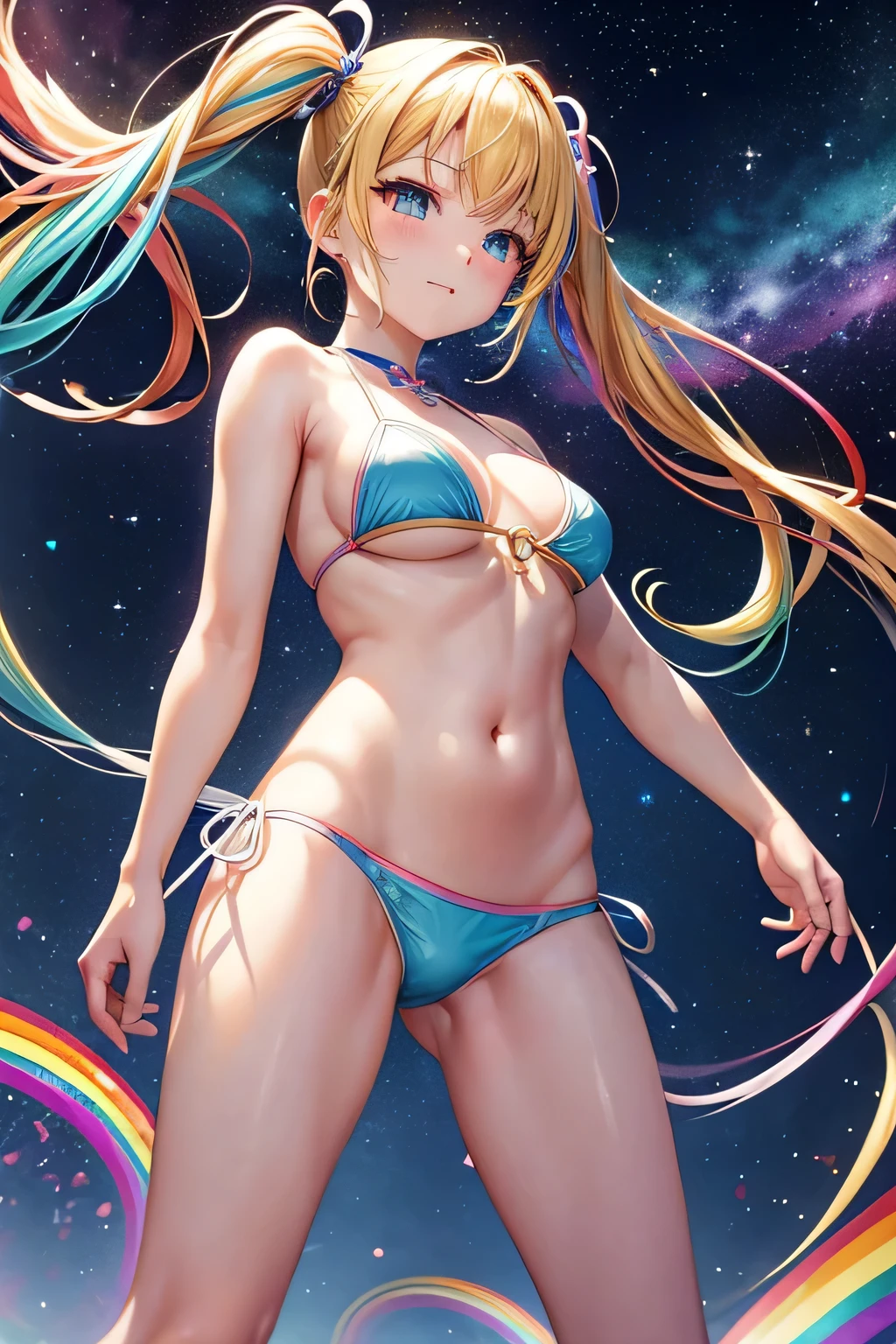 magic circle、rainbow colored bikini、beautiful magician、blonde twintails、((whole body))、(((photo taken from below)))、night
