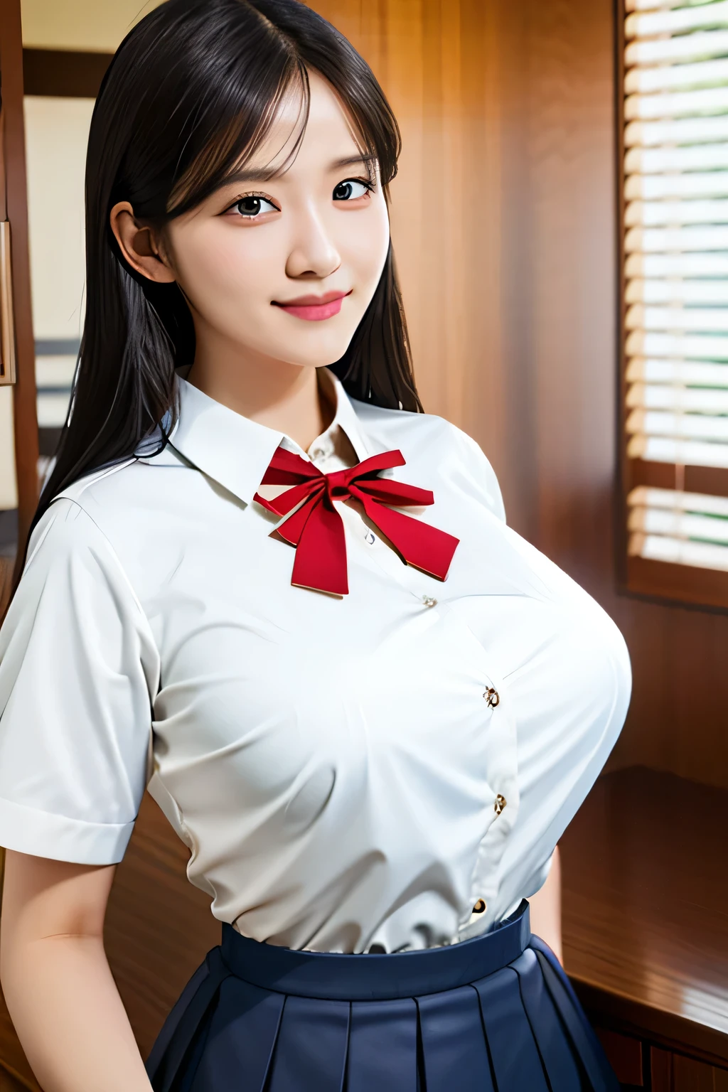 (realistic,8k, RAW photo, highest quality, masterpiece: 1.2),(long black hair,dull bangs), Japanese woman with perfect body,Please show your teeth and smile,beautiful face,highly detailed face and eyes,smile,((White collared shirt and red bow tie, blue pleated skirt)),(huge breasts:1.1),library,evening,cowboy shot,standing pose