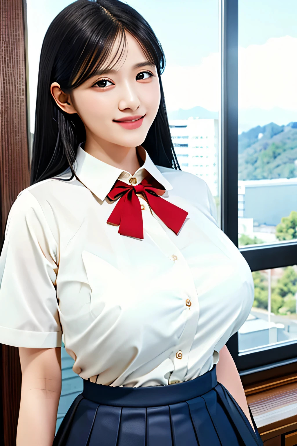 (realistic,8k, RAW photo, highest quality, masterpiece: 1.2),(long black hair,dull bangs),17 year old Japanese woman with perfect body,Please show your teeth and smile,beautiful face,highly detailed face and eyes,smile,((White collared shirt and red bow tie, blue pleated skirt)),(huge breasts:1.1),balcony,evening,whole body,standing pose