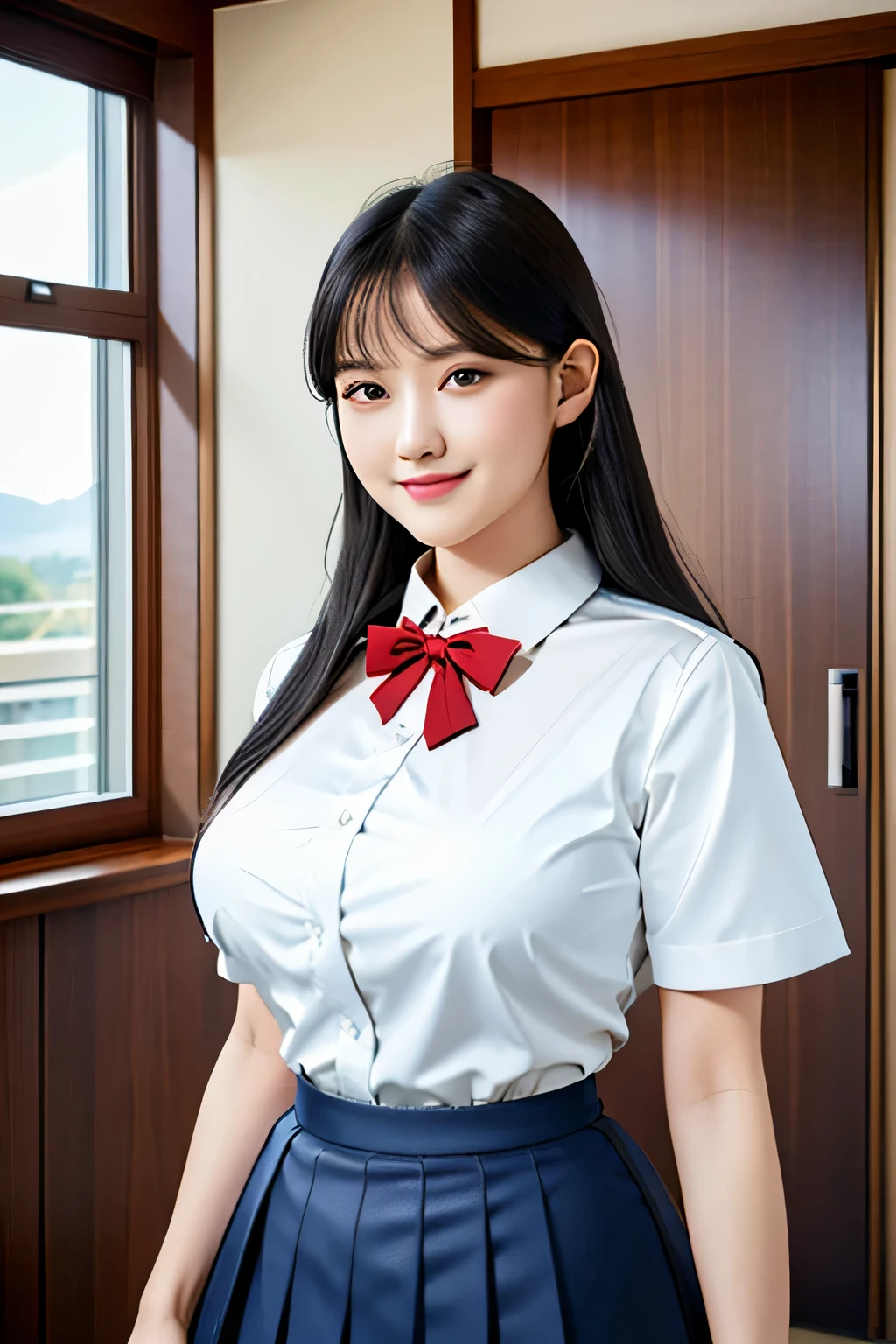 (realistic,8k, RAW photo, highest quality, masterpiece: 1.2),(long black hair,dull bangs),17 year old Japanese woman with perfect body,Please show your teeth and smile,beautiful face,highly detailed face and eyes,smile,((White collared shirt and red bow tie, blue pleated skirt)),(huge breasts:1.1),balcony,evening,(whole body),standing pose