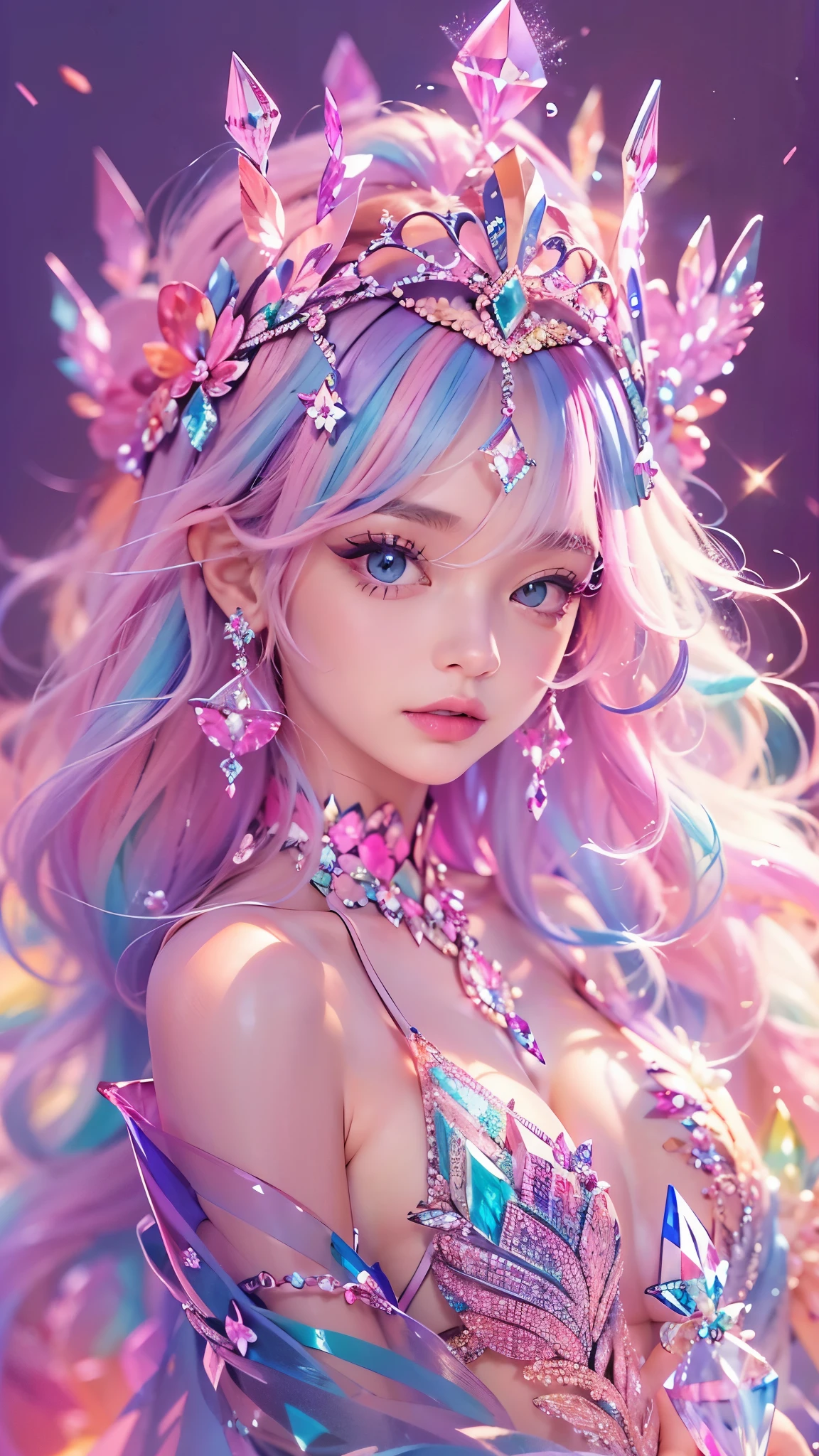 best quality，masterpiece，16k，1girl, bangs, bare shoulders, breasts, crown, crystal, dress, from side, gem,Colorful crystals,Crystal Headwear,There are many crystals on the clothes,Colorful gradient hair,Colorful Dress,Floating Colorful Crystal,Crystal on the body,Crystal necklace,Colorful crystal decoration,Crystal Girl, gradient hair, jewelry, long hair, makeup, medium breasts, multicolored hair, pink hair, solo, tiara