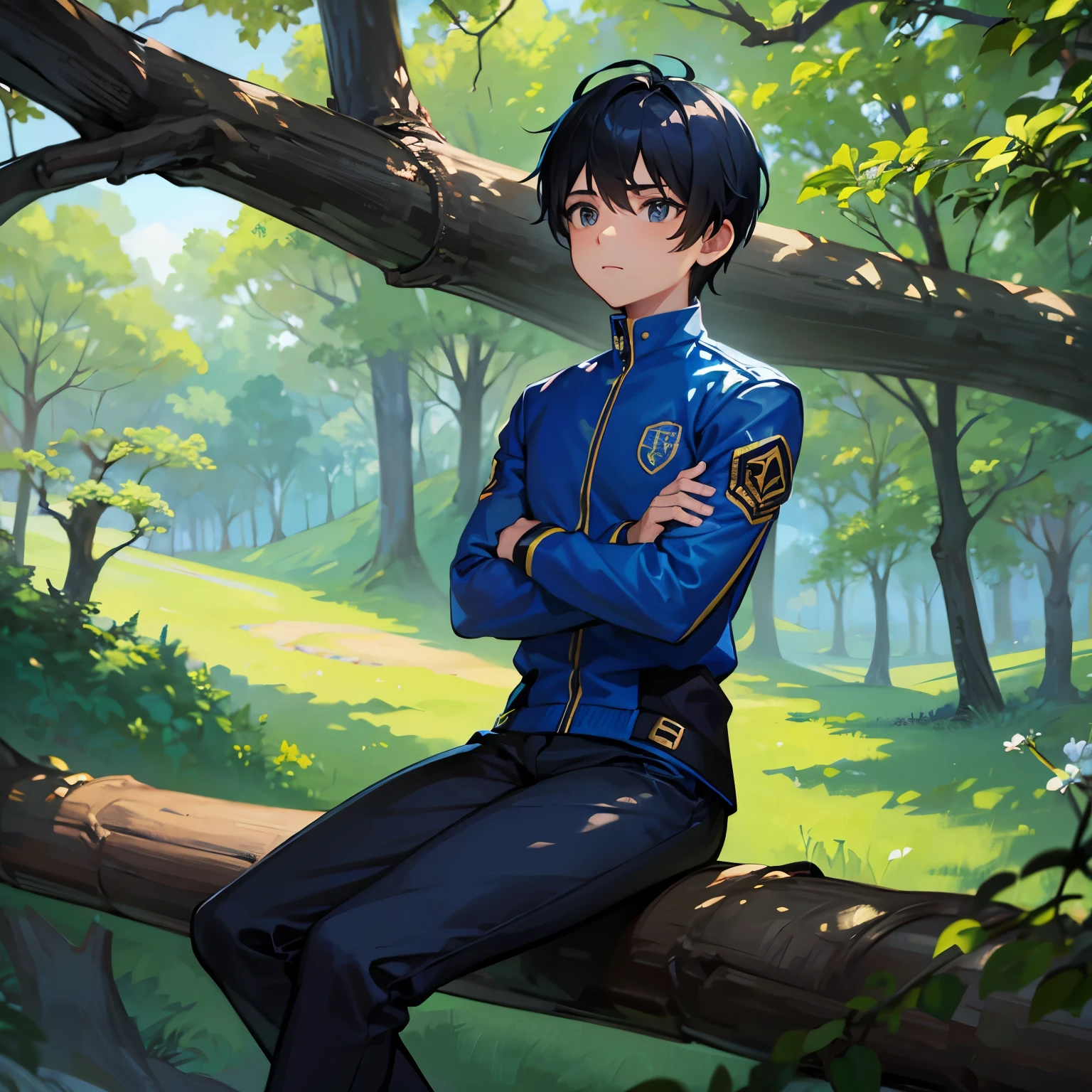 A boy sit with blue jacket, in fornt of trees