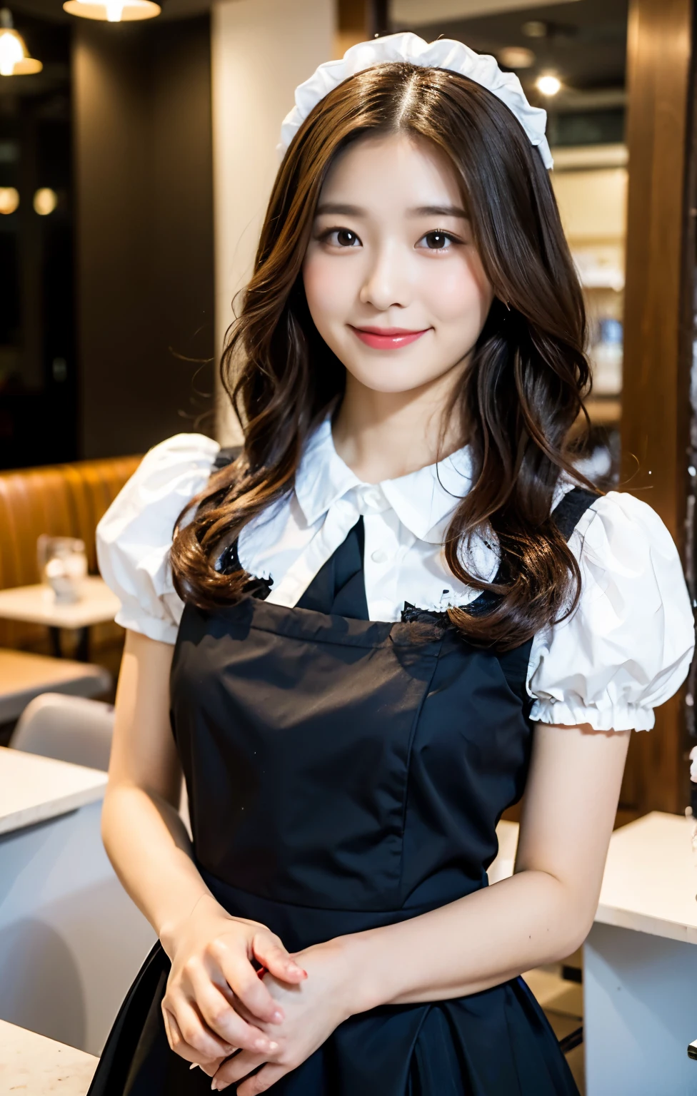 Top quality, Passport photo, one pretty woman, 18 years old, upper body, wearing maid costume, smile, brown wavy hear, standing, looking at viewer, 35mm lens, f/1, at cafe