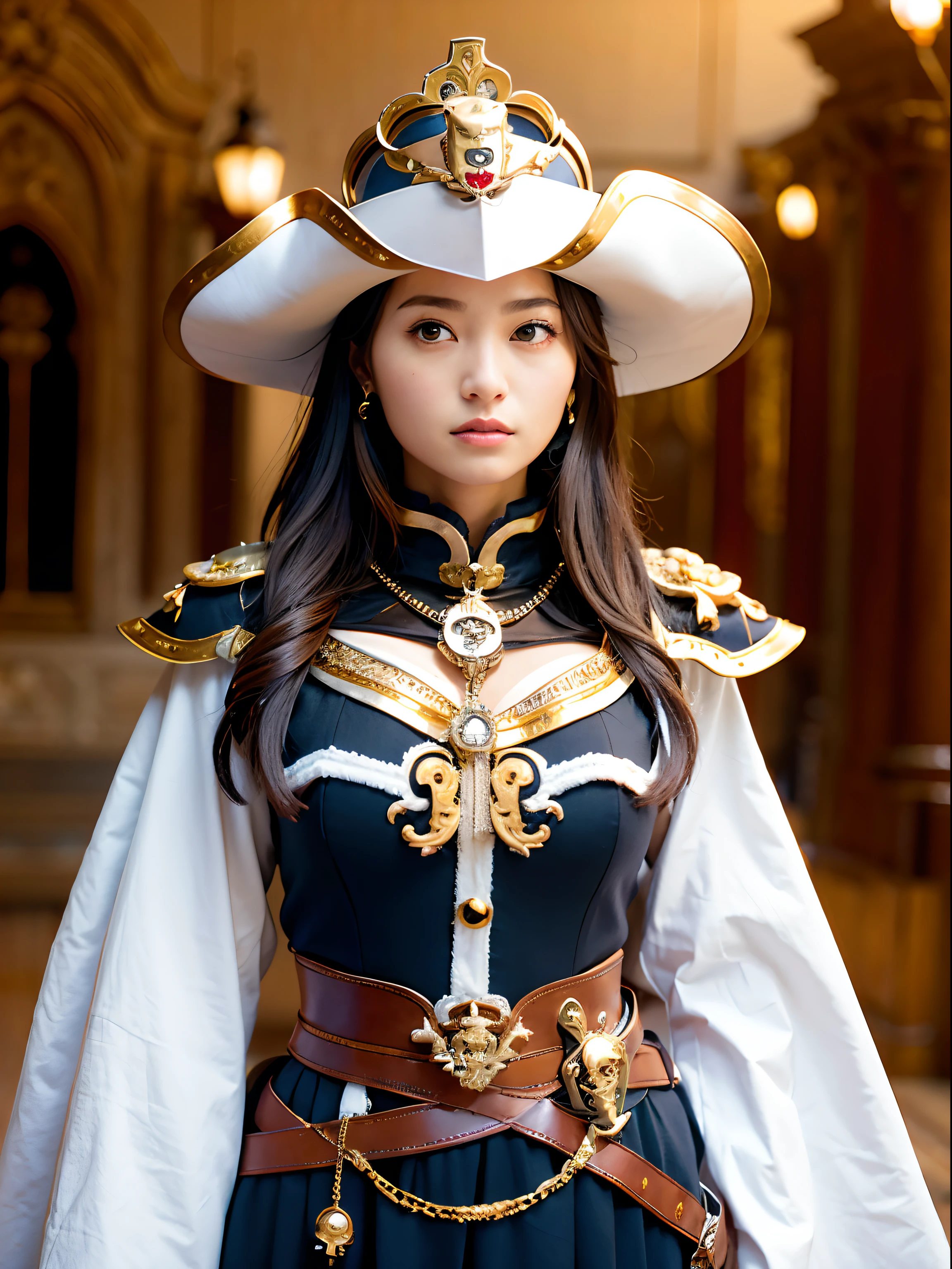 (masutepiece), Professional , masterpiece、top-quality、photos realistic , depth of fields (Gemstone Silver Metal Body:1.9),(Matte White、(Put on a pirate hat)、Jewel Gold Weapon(Jewel Metal Body:1.4),Gorgeous metal weapons , Detailed Sword of the Brave , Beautiful knife ,warhammer 40k , The port town、adepta sororitas,Detail and ornate jewel crown、Black hair、Gangle's forest background、Beautiful Caucasian beauty、1a person、dynamic ungle,(((Detailed and ornate diamond crown)))、Smaller head、A smile、Take a sexy pose、Background inside the castle、Thin and beautiful female hands、cleavage of the breast、Soldier in iron armor on background、Soldier in iron armor on background、Sea view、