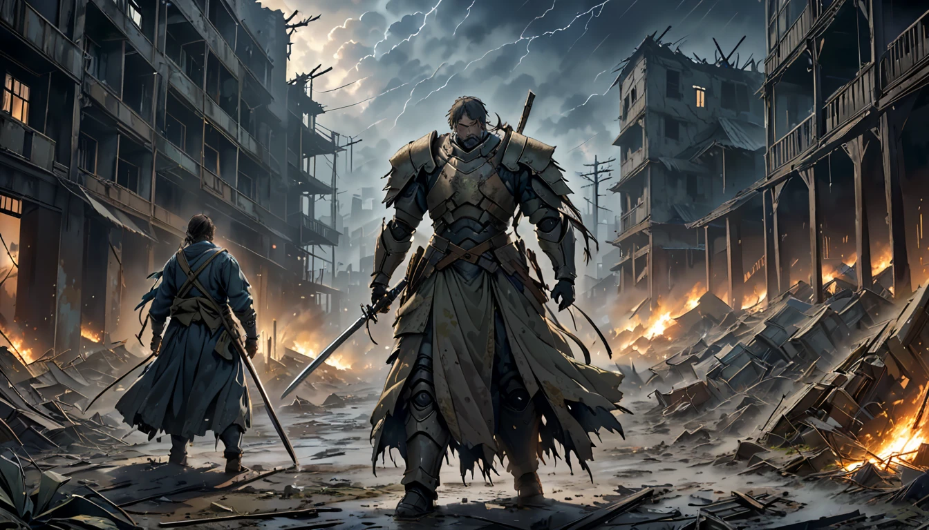 An evocative image of a dramatic showdown between two seasoned warriors in a post-apocalyptic world. The scene is illuminated by eerie, stormy light, casting shadows on the crumbling buildings and dark, foreboding sky. Both warriors are clad in weathered armor and wielding timeworn weapons, locked in a fierce and draining combat. Their expressions betray a mixture of determination and fatigue, while the electric atmosphere crackles with anticipation. The outcome of this pivotal battle will shape the destiny of mankind, adding a weighty sense of importance to the scene.