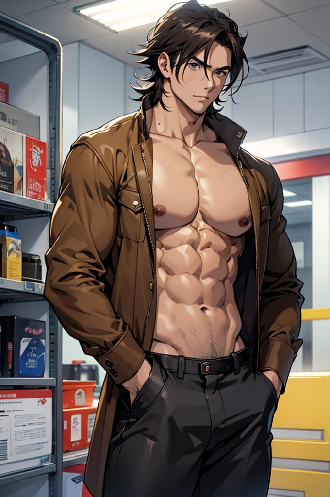 Anime representation, (1 homem musculoso), estilo anime ainda jovem, ruivo, cabelo espetado, corpo bronzeado, tight pants, Ele veste um colete de couro adornado com pontas e tachas, (sem camisa), de frente para o espectador,