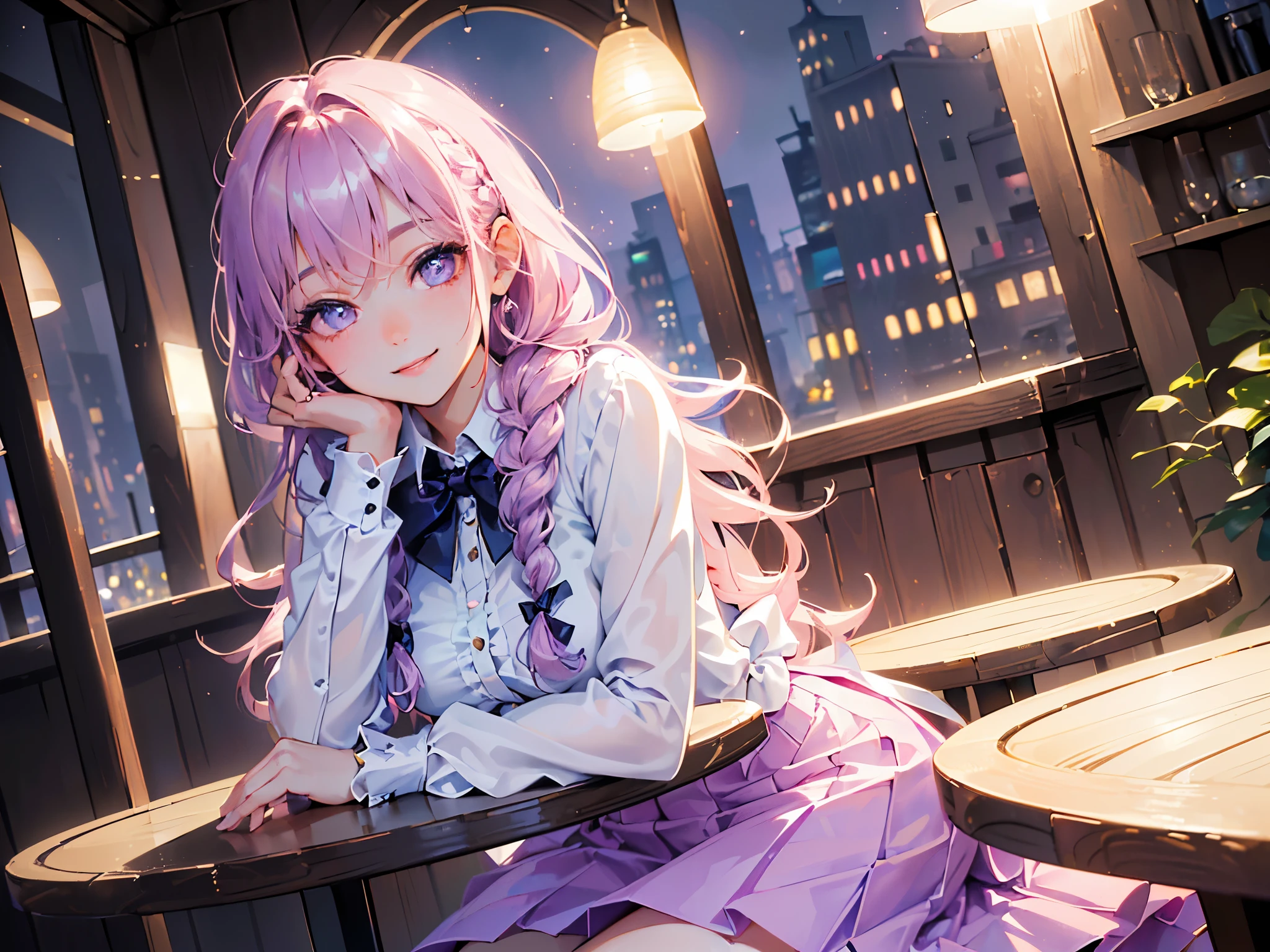 (((1girl))), (((masterpiece))), (((best quality))), (((high resolution))), (((extremely detailed))), (((8k))), (((extremely lovely and delicately and naturally detailed elegant girl))), (((exteremely detailed eyes))), (((detailed soft light))), (((silky pink mix purple hair))), (((long braided hair))), (((beautiful fashion modern clothes))), (((lovely fashion modern skirt))), (cute hair ribbons), (((in a cafe))), ((town outside the window)) (chair), (table), (lamp) (window), (((night))), (feminine pose), ((sweet happy smile)), ((modelshoot style)), ((full shot)), ((dynamic angle)), ((cinematic)), ((85mm)), ((hdr))