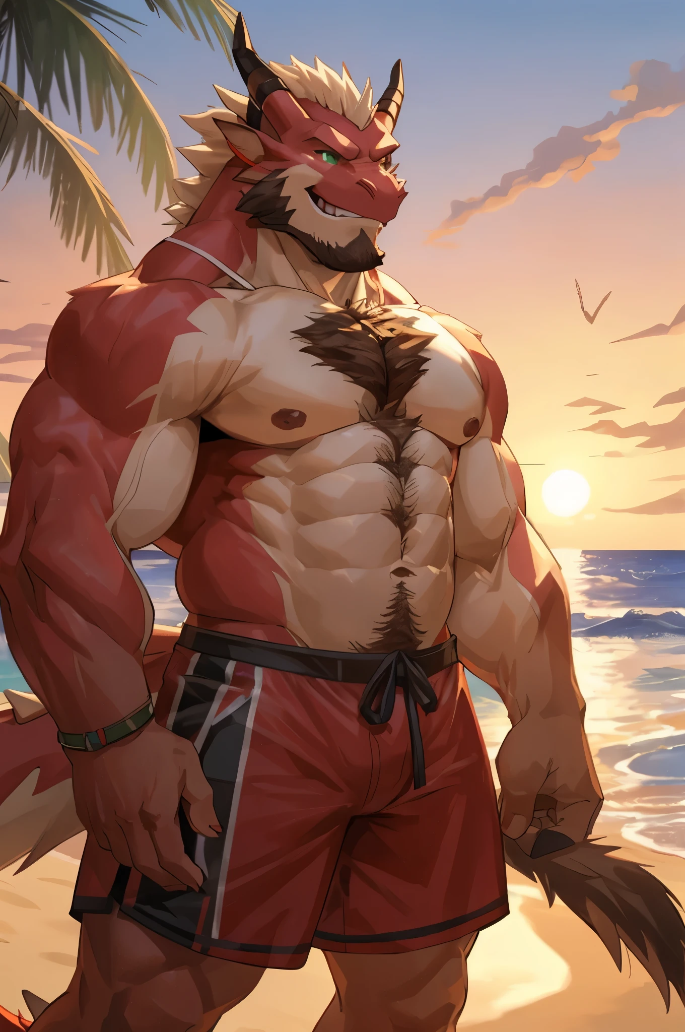 masterpiece, Anthropomorphic red dragon animal, no hair, green eyes, White, 3 tails, muscular body, nice, beachwear, smiling, sunset landscape，uncle，Have lots of brown chest hair，rough，Bigger breasts