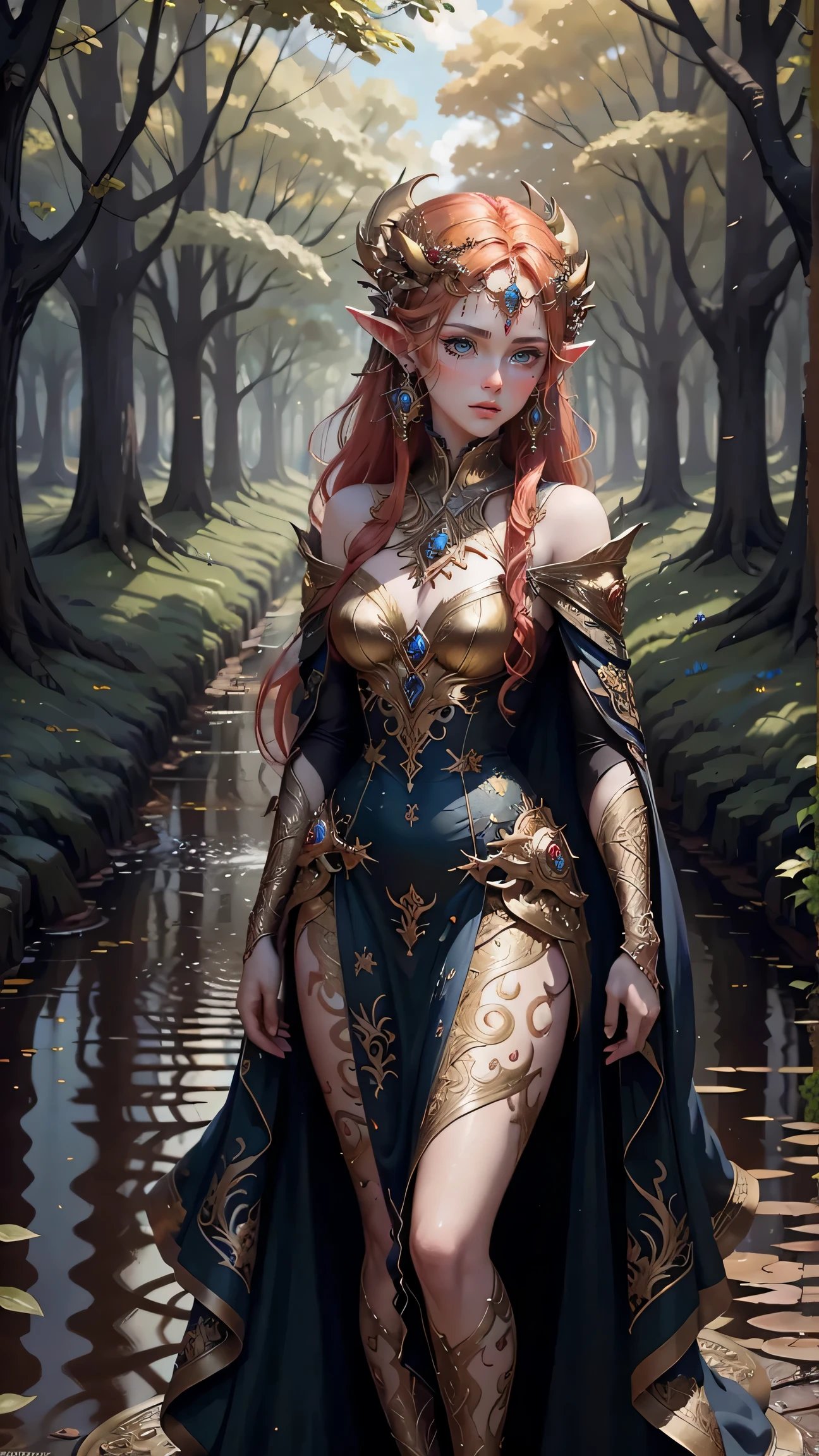 full body red hair, golden eyes, close shot, Dryad , beautiful dress, silk dress,river background, elven ears,blue eyes,forest, vivid colors, vibrant, glowing eyes,rome architecture