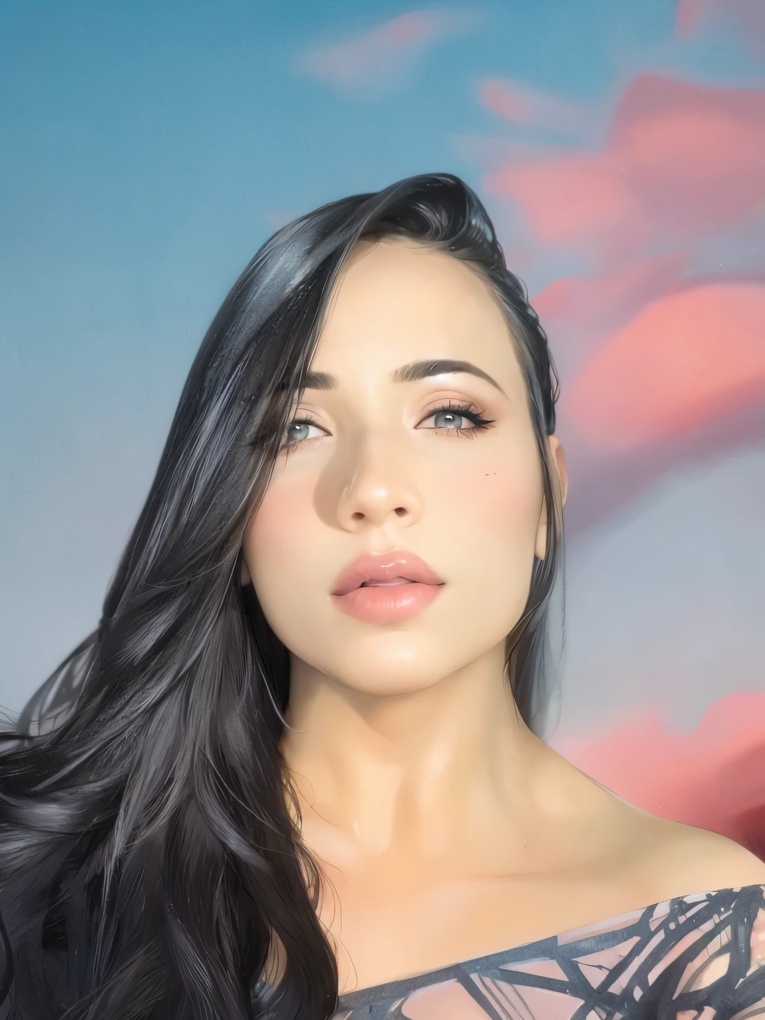 a woman in a black dress posing for a picture, dubai, very sexy woman with black hair, tanned ameera al taweel, streaming on twitch, arab ameera al taweel, closeup shot, photo of slim girl, a beautiful woman with long, iranian, alanis guillen, curvy hourglass figure, big chest, cleavage, smily face, smile.giving blowjob infront of tower