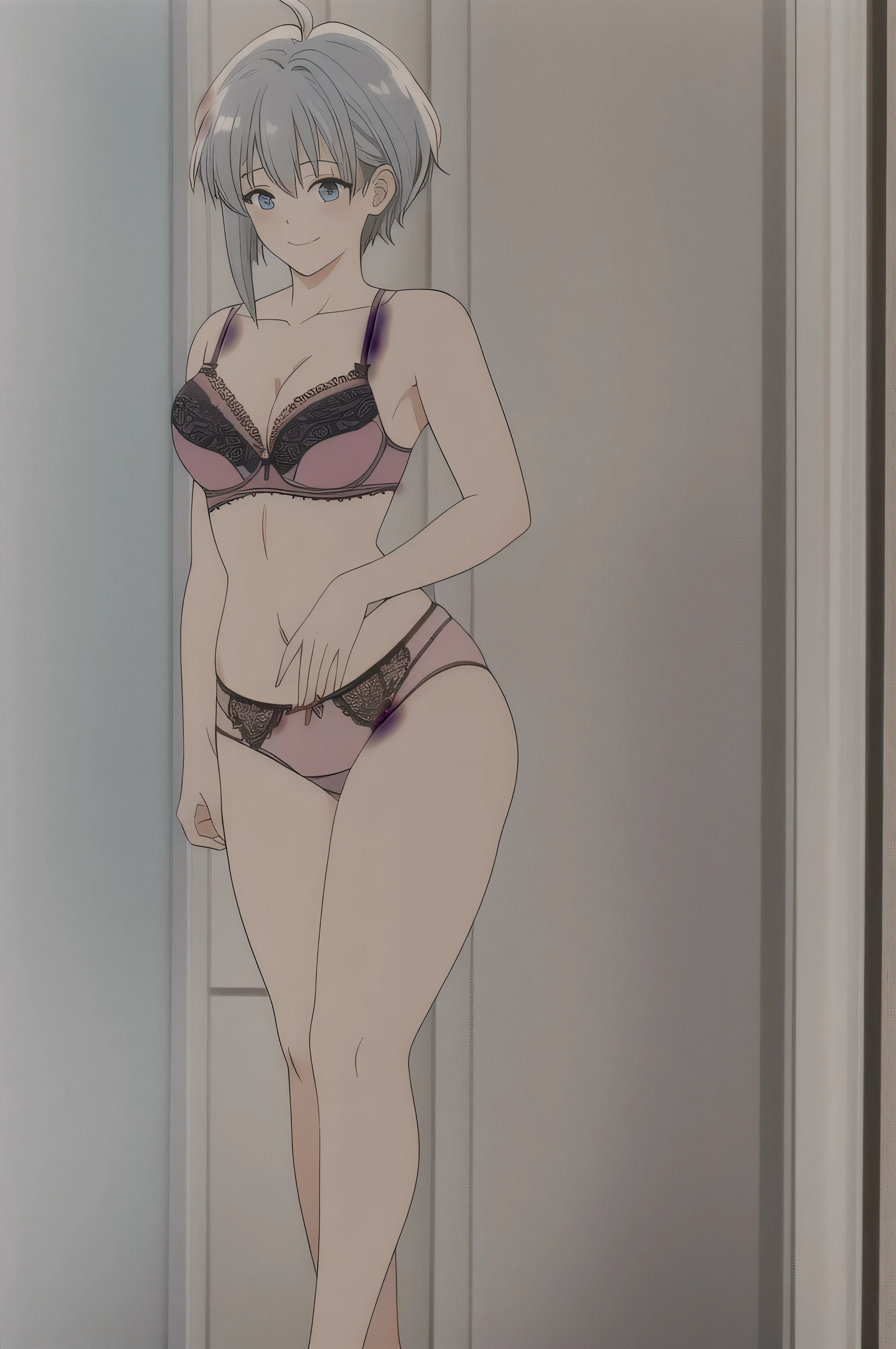 Blue_cooking, alone, masterpiece, 最high quality, detailed face, fine eyes, High resolution,short hair,blue eyes,bangs,gray hair,hair between eyes,big breasts,cleavage,NSFW,(good, transparent:1.4),pink color_small_good, (panties, transparent:1.4), pink color_High leg_panties, sensual visual, excited smile, masterpiece, 8k, High resolution, high quality_Anime image quality, full body shot, open leg pose,