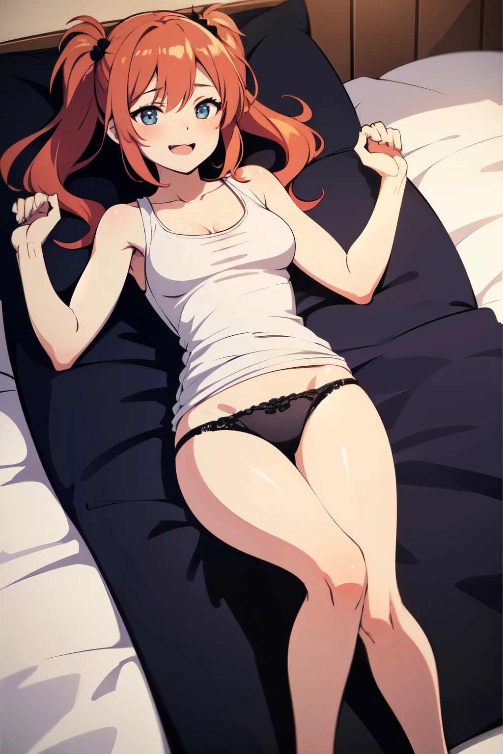 Beautiful girl, one, anime, ginger, bed, girlfriend, tank top, panties, laying down, happy