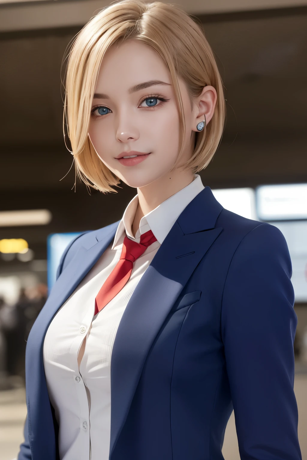 Top quality, super detailed, high resolution, 8k wallpaper, perfect dynamic composition, detailed and beautiful eyes, beautiful breasts, blue eyes, blue blazer, white shirt, red tie, one girl, beautiful girl, blonde, short hair, Blue eyes, , smile, hairpin, background blurred at the station,