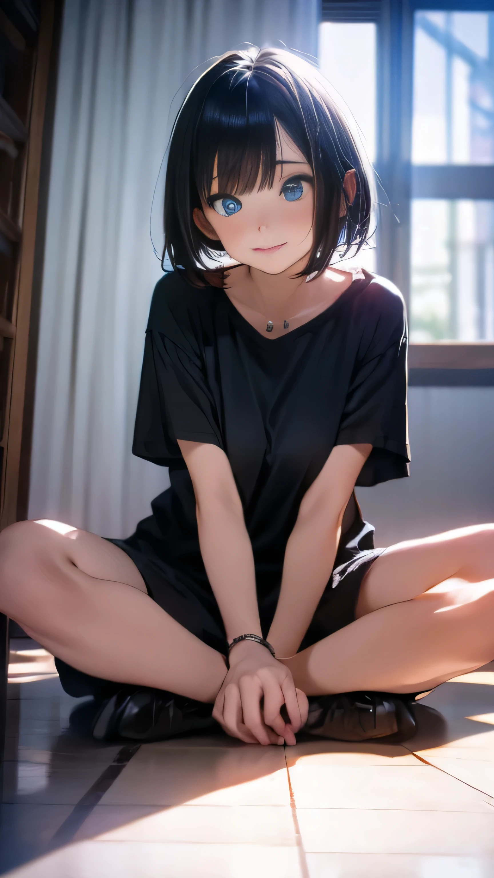 highest quality, masterpiece, woman1名, ((alone)), whole body, (Lotus:1.2), from below, anime, film portrait photography, woman, blue eyes, black hair, short bob hair, wearing a black T-shirt, anime, Moe art style, 8k,