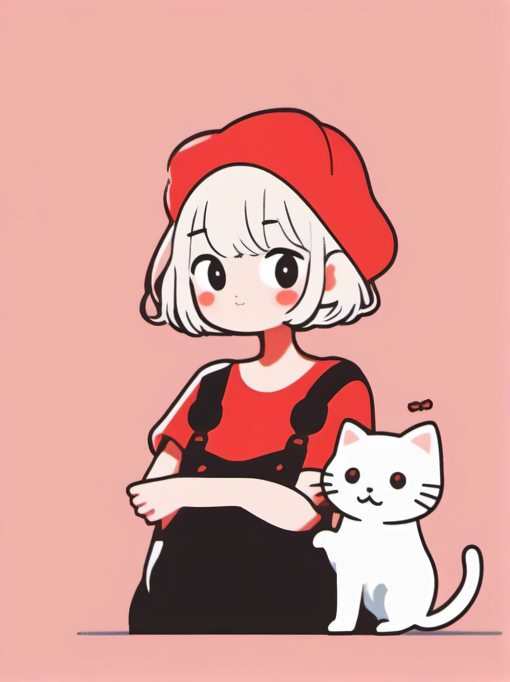 cute cartoon, 1 girl, shirt, alone, Cat, short hair, gray hair, simple background, holding Cat, holding, holding animal, red shirt, short sleeve, bangs, looking at the viewer, white Cat, black eye, animal, black pants, Upper body, pants, sign, blush