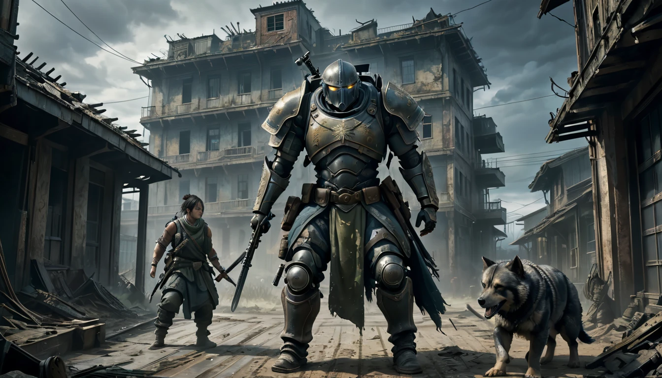 An evocative image of a dramatic showdown between two seasoned warriors in a post-apocalyptic world. The scene is illuminated by eerie, stormy light, casting shadows on the crumbling buildings and dark, foreboding sky. Both warriors are clad in weathered armor and wielding timeworn weapons, locked in a fierce and draining combat. Their expressions betray a mixture of determination and fatigue, while the electric atmosphere crackles with anticipation. The outcome of this pivotal battle will shape the destiny of mankind, adding a weighty sense of importance to the scene.