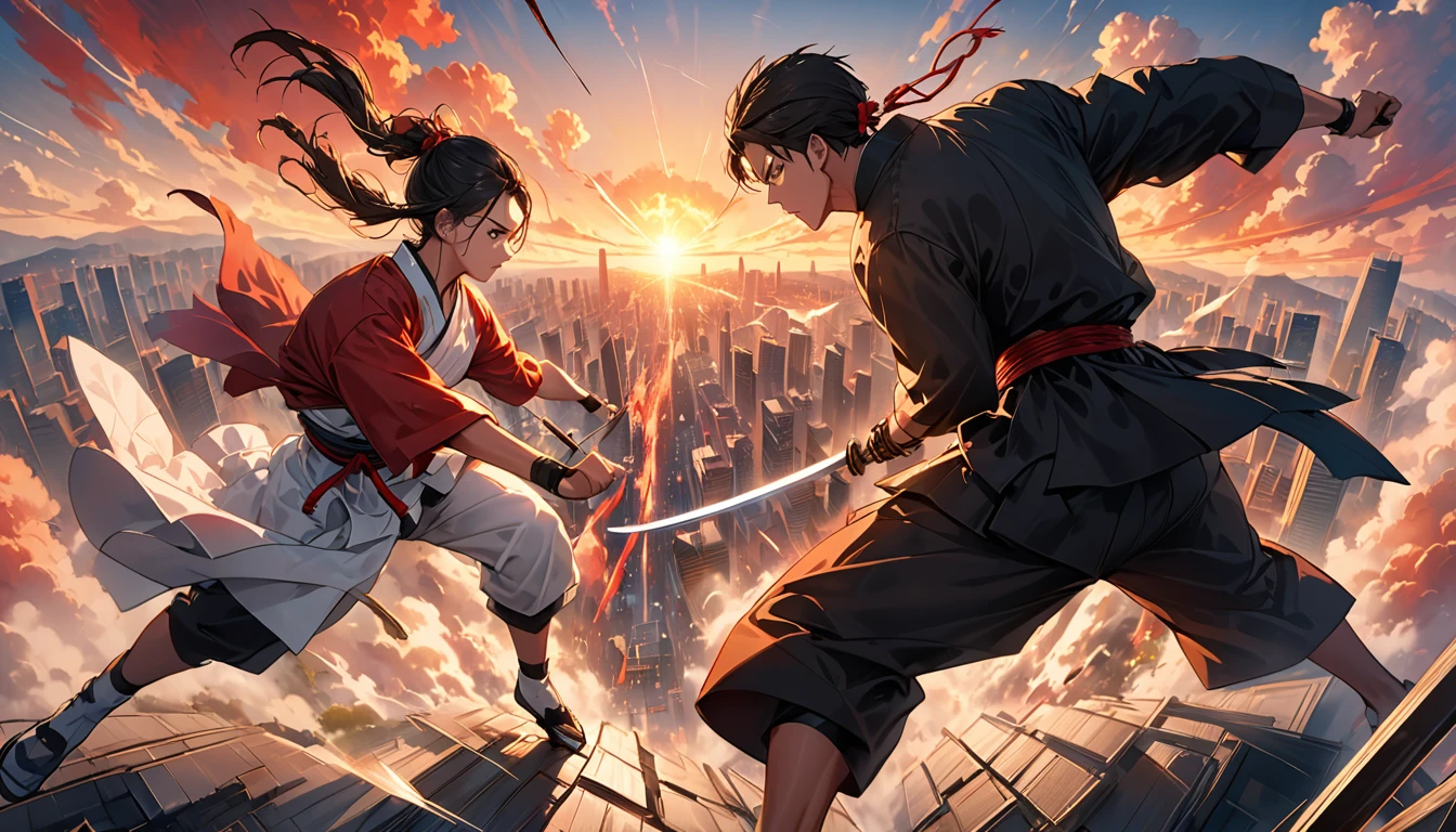 A dramatic and intense final showdown scene, where two skilled martial artists are engaged in a high-stakes battle. The background is a city skyline with tall, modern buildings, and a vibrant sunset. The atmosphere is a mix of adrenaline and suspense, with a sense of the stakes being higher than ever., high res, best quality, masterpiece,