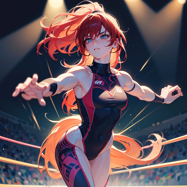 (Highest quality,8k,32K,masterpiece,Ultra-high resolution :1.2 ),born,One girl,Super cute,Natural light,Clear, shining eyes,20-year-old,Fair skin,wrestlingな電子世界のファンタジー背景,Red Hair,Small breasts,wrestling,leotard,fight
