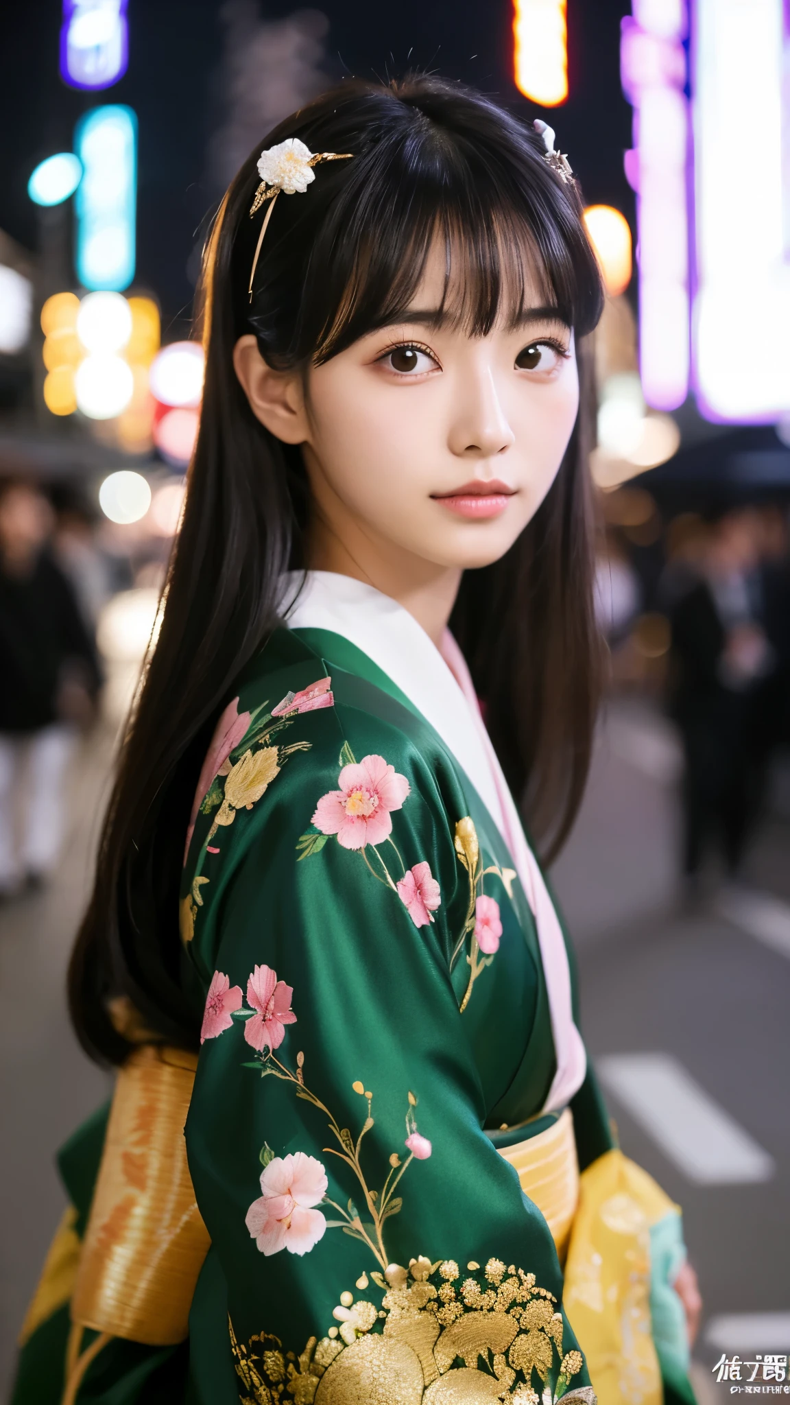 high resolution　high quality　Beauty　kimonoを来た女性　　masterpiece、Highest品質、　long hair　25 years old　black hair　long hair　Kyoto cityscape　holding an umbrella　blush　bangs　oily skin　beautiful skin　nightの京都　Wet eyes　black eyed japanese woman　　movie　street　real　tie hair　cute　adult　beautiful　Highest　night　　gorgeous hair ornament　Hairpin　kimono　kimono
