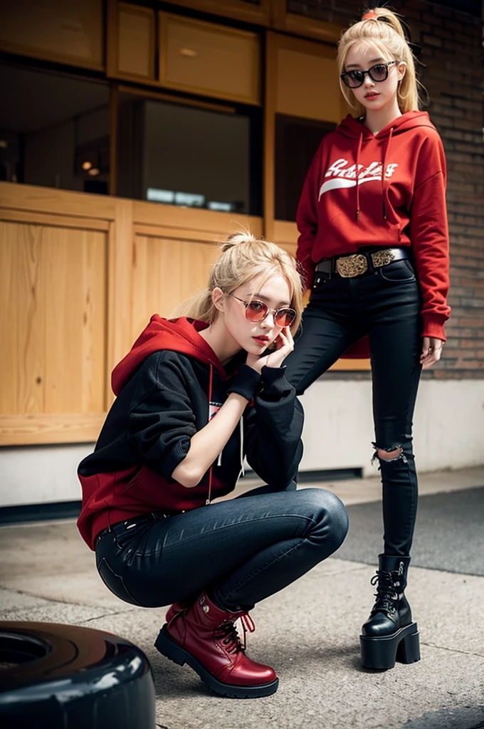 masterpiece,anime girl,black torn skinny jeans,pure red colour hoody,boots,belt,haute blonde hair,black glasses,red eyes
