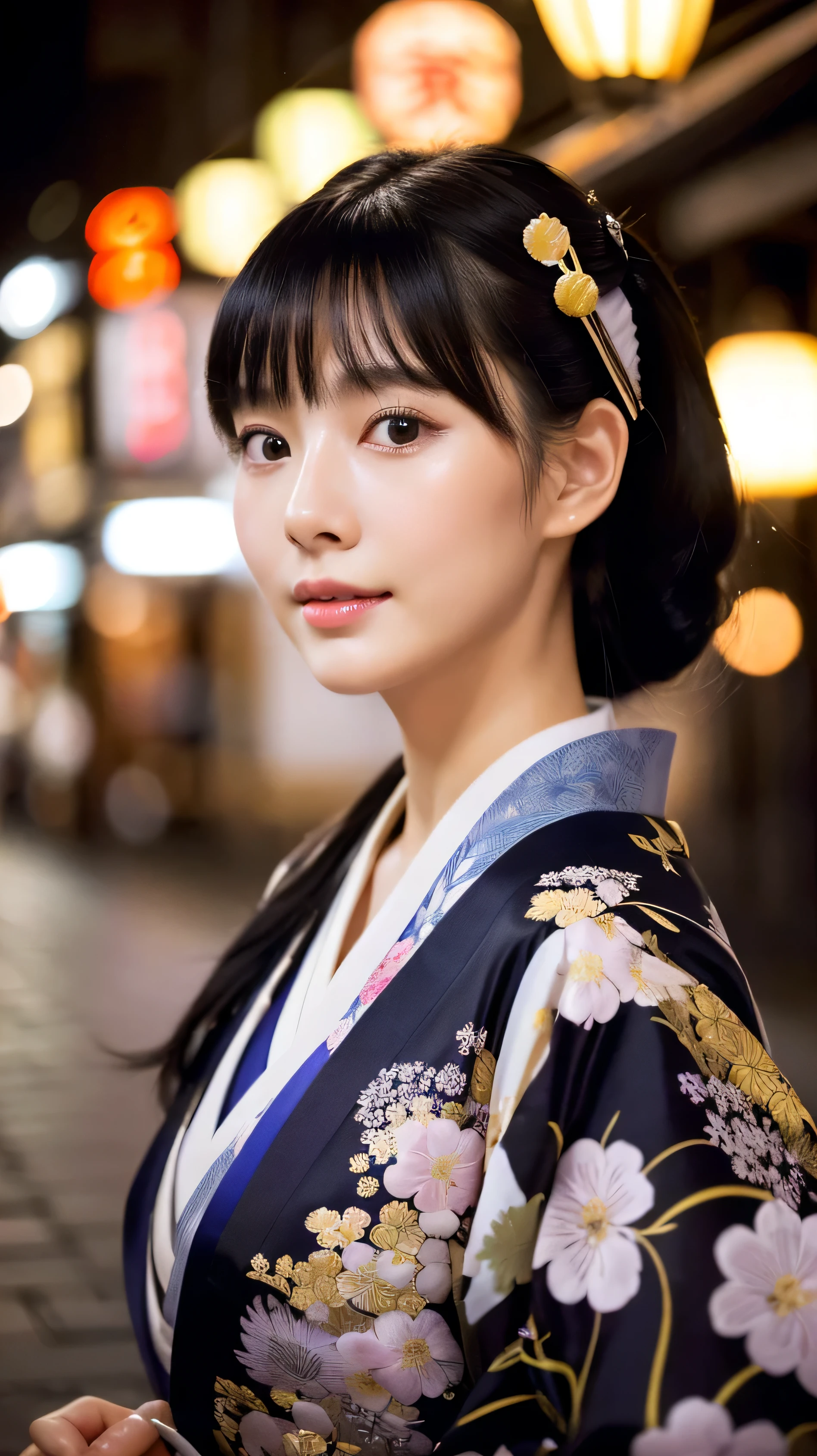 High resolution　high quality　beauty　A woman wearing a kimono　　masterpiece、Highest品質、(30歳のbeauty:1.2)　black hair　long hair　Kyoto cityscape　hold an umbrella　blush　bangs　oily skin　beautiful skin　nightの京都　wet eyes　Japanese woman with black eyeovie　street　genuine　tie hair　cute　adult　beautiful　Highest　night　　gorgeous hair ornament　hairpin　gorgeous kimono　kimono