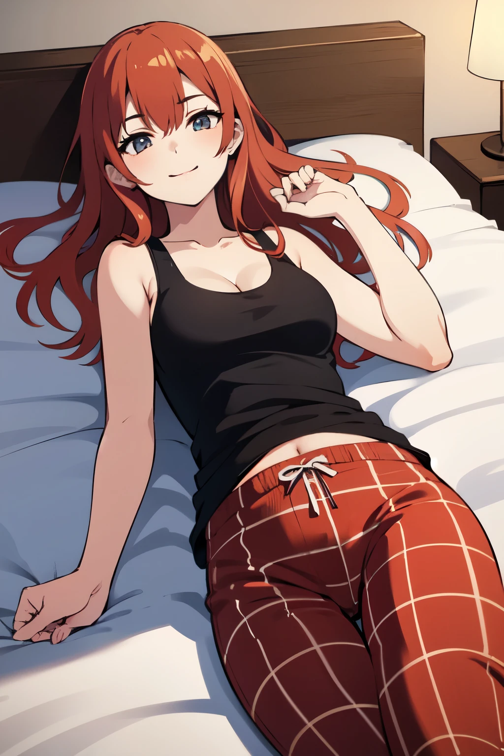 Beautiful girl, one, anime, ginger, bed, girlfriend, tank top, plaid pajama pants, laying down, happy