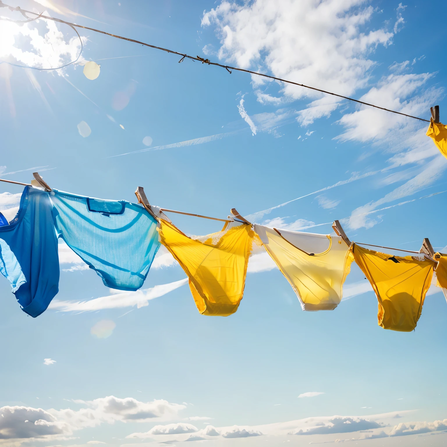 Yellow panties hanging on a clothesline against the blue sky, Laundry drying, panties, ((６piece of yellow panties)),シースルーpanties, on a sunny day, lace panties、((Only color is yellow))、(Only the blue sky can be seen in the background:1.5)