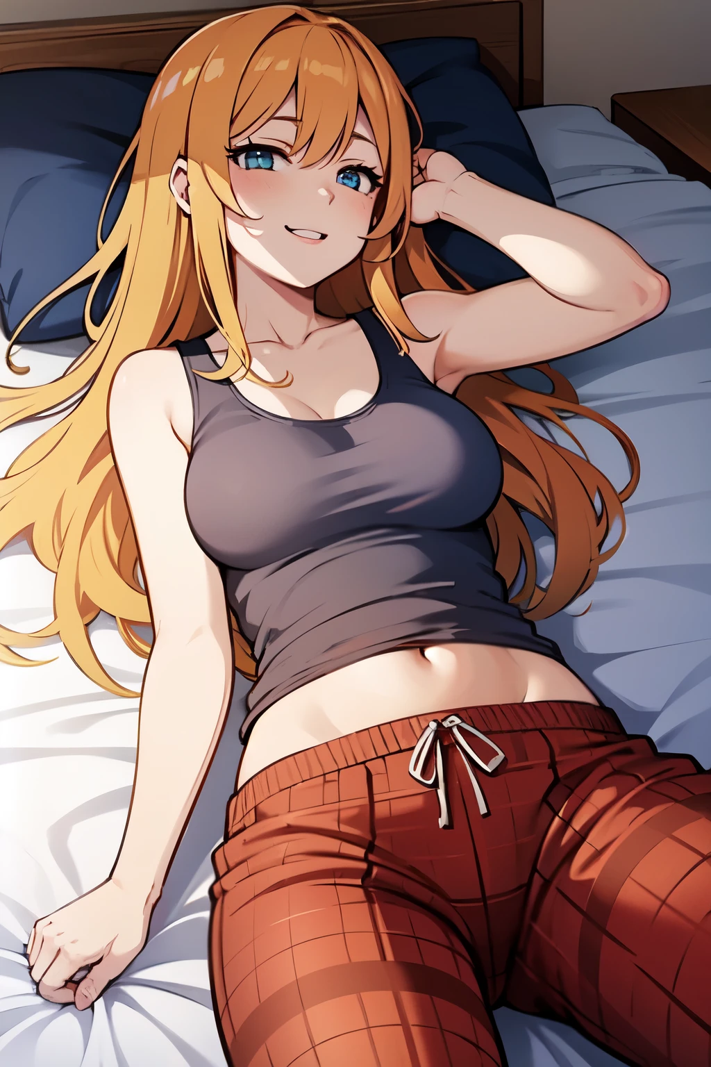 Beautiful girl, one, anime, ginger, bed, girlfriend, tank top, plaid pajama pants, laying down, happy
