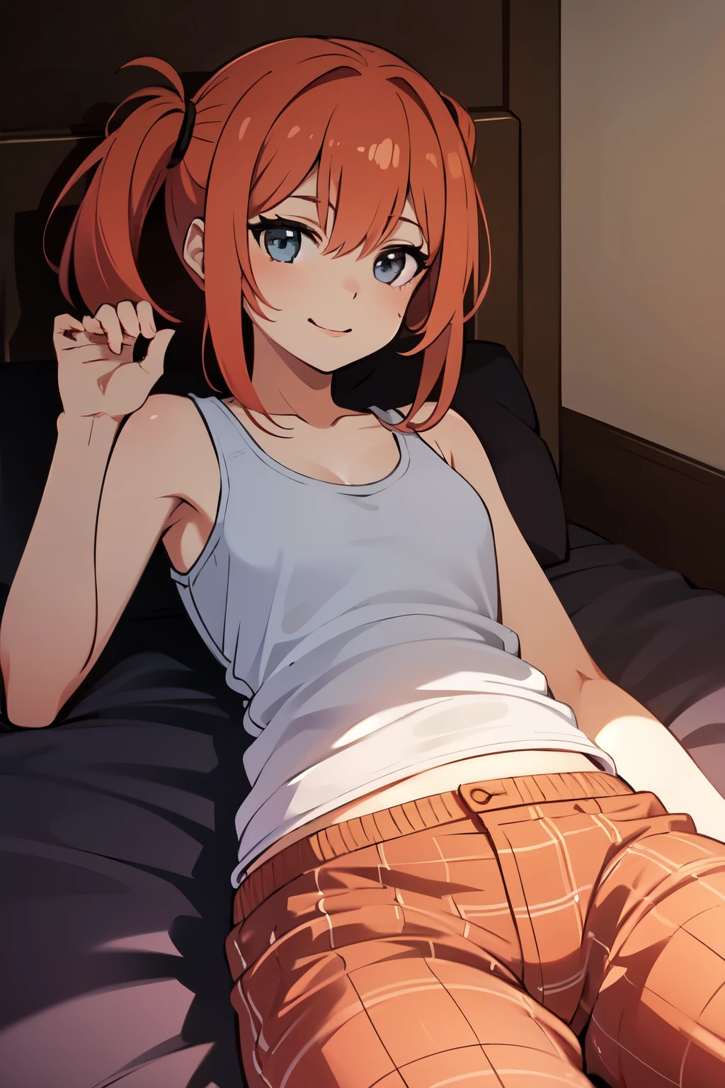 Beautiful girl, one, anime, ginger, bed, girlfriend, tank top, plaid pajama pants, laying down, happy