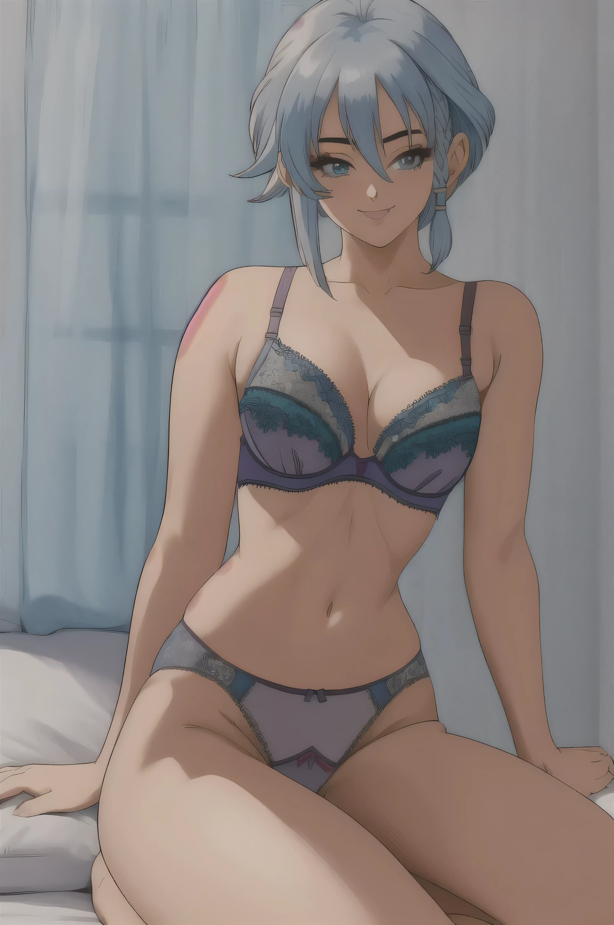 Blue_cooking, alone, masterpiece, 最high quality, detailed face, fine eyes, High resolution,short hair,blue eyes,bangs,gray hair,hair between eyes,big breasts,cleavage,NSFW,(good, transparent:1.4), (ピンク色good, small), (panties, transparent:1.4),  (ピンク色panties, High-legged), sensual visual, excited smile, masterpiece, 8k, High resolution, high quality＿Anime image quality, full body shot, open leg pose,