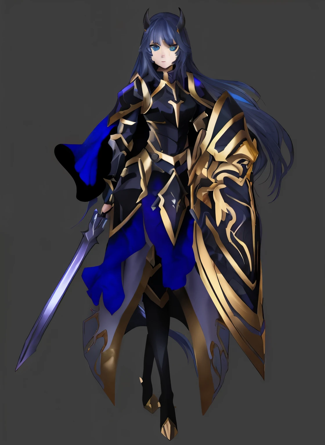 female paladin, dragon girl, black and gold armor, long hair, horns, scales, teal eyes