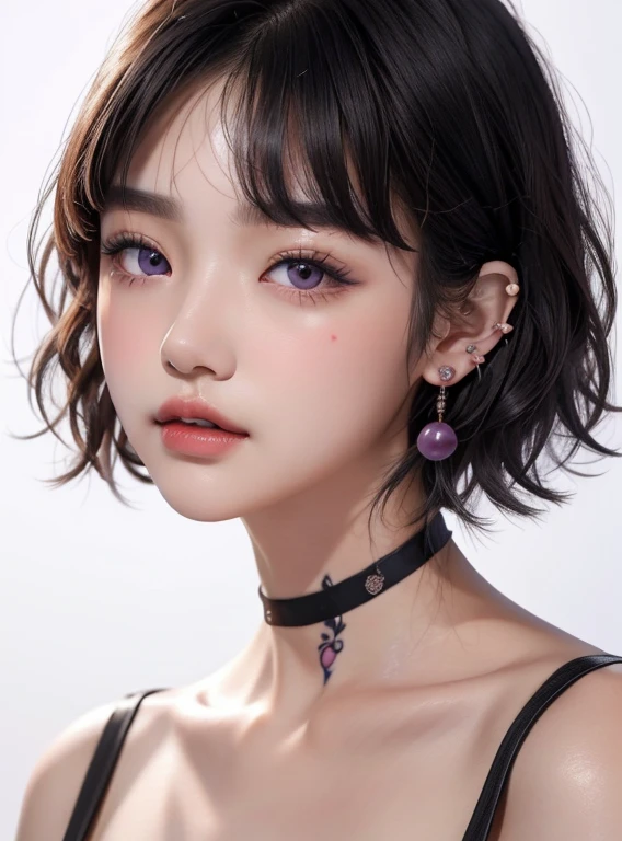 1 girl, 18 years old, south korean, Idol, perfect face, perfect face, short black hair, bowl cut hair, massive breast, black top, blush, bright purple eyes, shining eyes, ear piercings, arm tattoos, red lips, serious, looking at spectator, white background, portait, close up, bright colors.