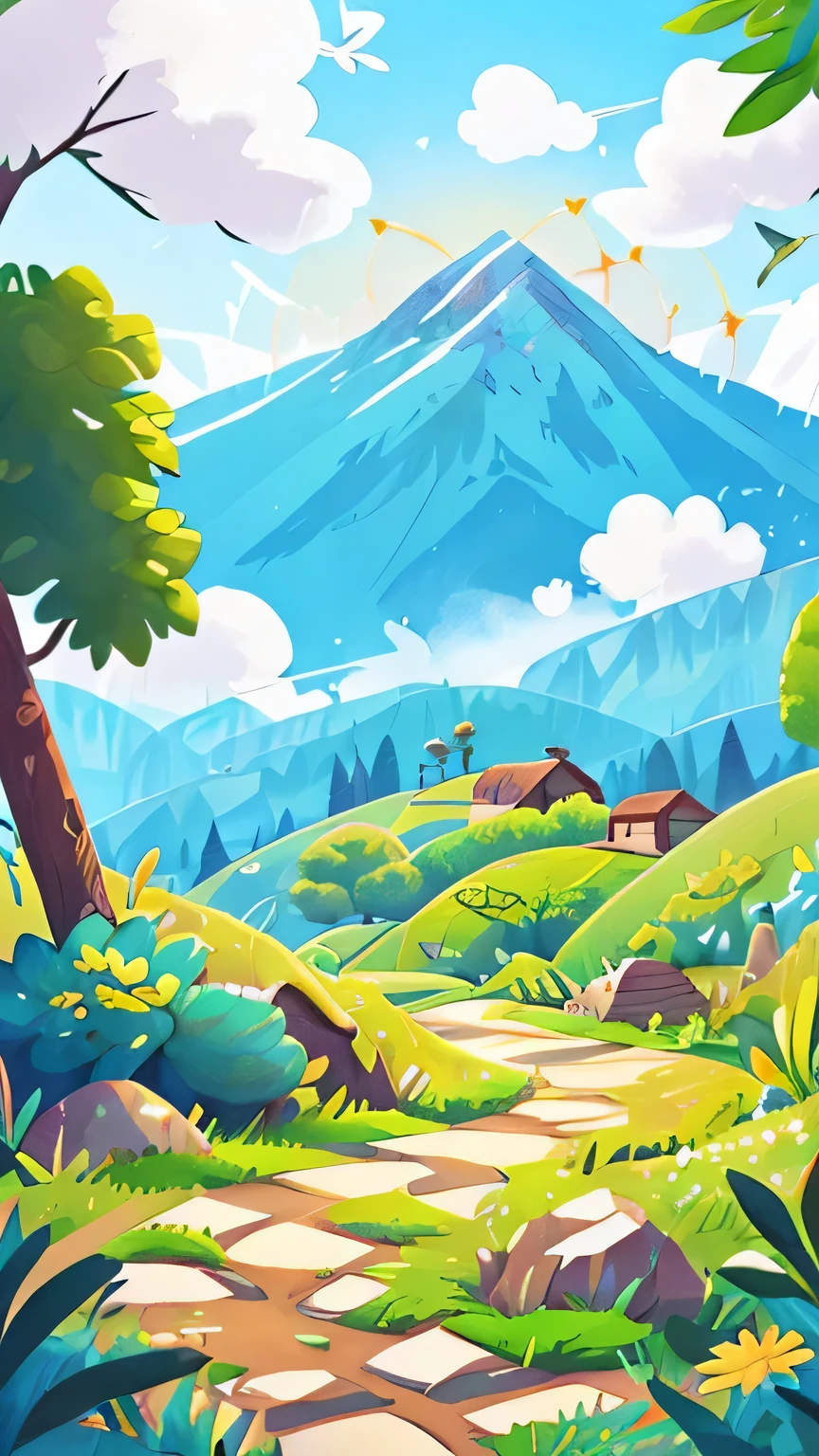 path，Mountain，Blue sky and white clouds，Hand drawn background，flat illustration, Gorgeous digital painting