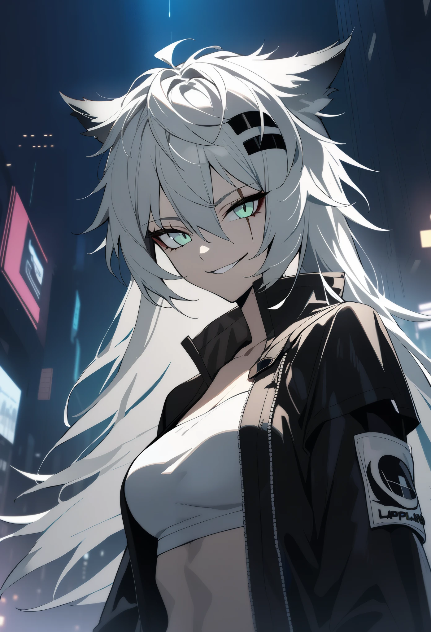 1girl, lappland\(arknights), arknights, upper body, grey hair, long hair, scar across eye, smirk, open coat, tube top, cinematic angle, night city, masterpiece, best quality