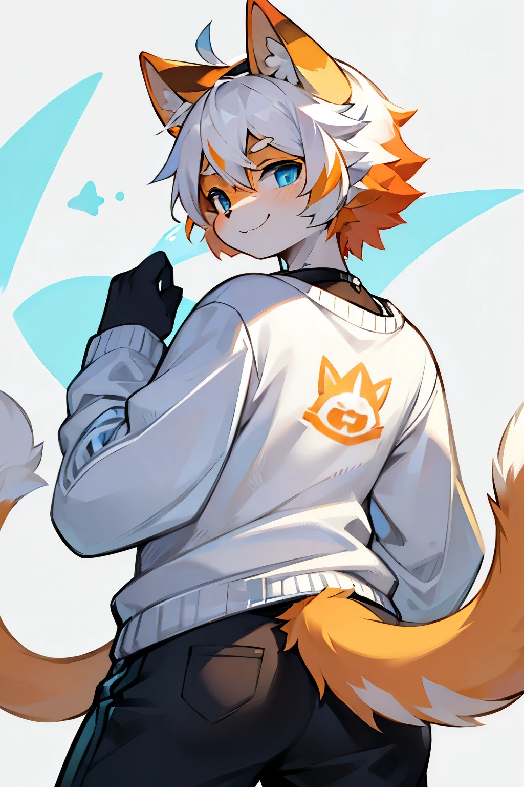 cat plush,hairy,furry,with hat,Colorful Patterned White Sweatshirt,Black casual pants with white stripes,Q version,cute,Simple art style,Cartoon style,blue eyes,Cheerful,happy,Ears with orange hair and white hair on the tips of the ears,back hair,hairy 蓬松的狼尾,Big tail orange tail tip white,blue graffiti background