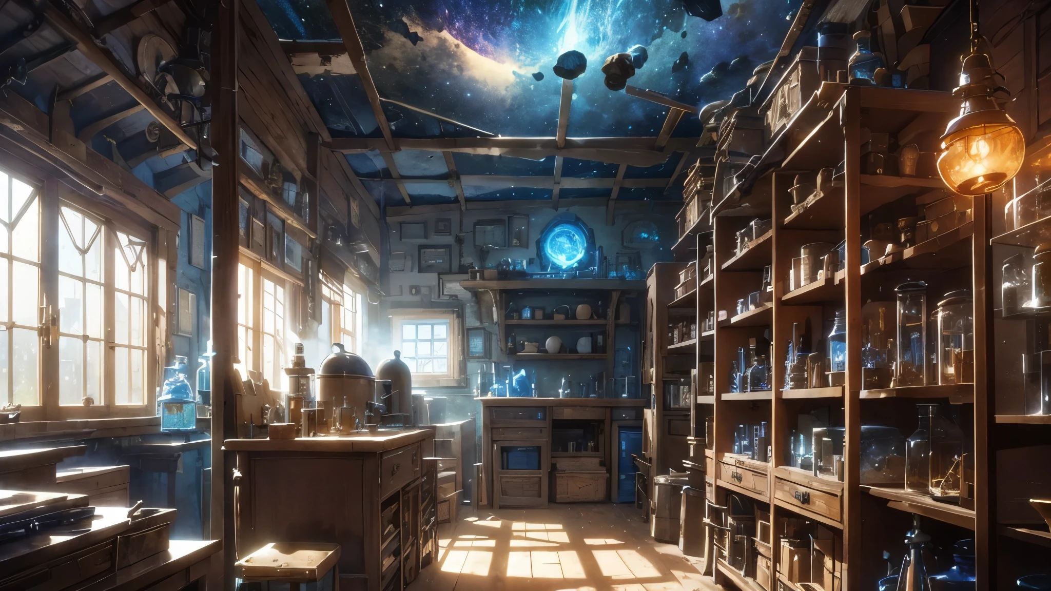 messy steampunk Interior of an observatory, Blue light, Telescope, Shelves of geode and cyystals and glass jars and moss, Cluttered with Star maps, charts and tools, Dramatic lighting, Epic composition, Wide angle, by Miyazaki, Nausicaa Ghibli, Breath of The Wild