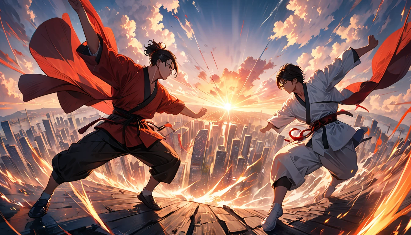 A dramatic and intense final showdown scene, where two skilled martial artists are engaged in a high-stakes battle. The background is a city skyline with tall, modern buildings, and a vibrant sunset. The atmosphere is a mix of adrenaline and suspense, with a sense of the stakes being higher than ever., high res, best quality, masterpiece,