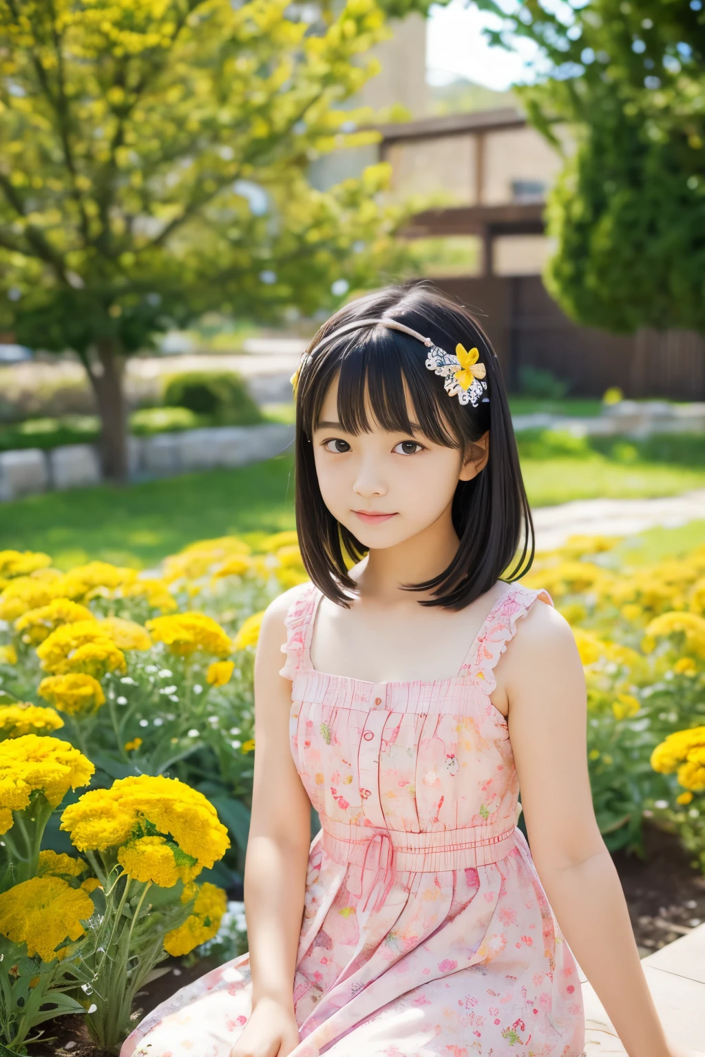 8k,Japanese,,innocent face,teenage girle,Spring-like clothes,Spring weather,everyday wear,sitting,black hair,flower garden,hair clip,Decolletage