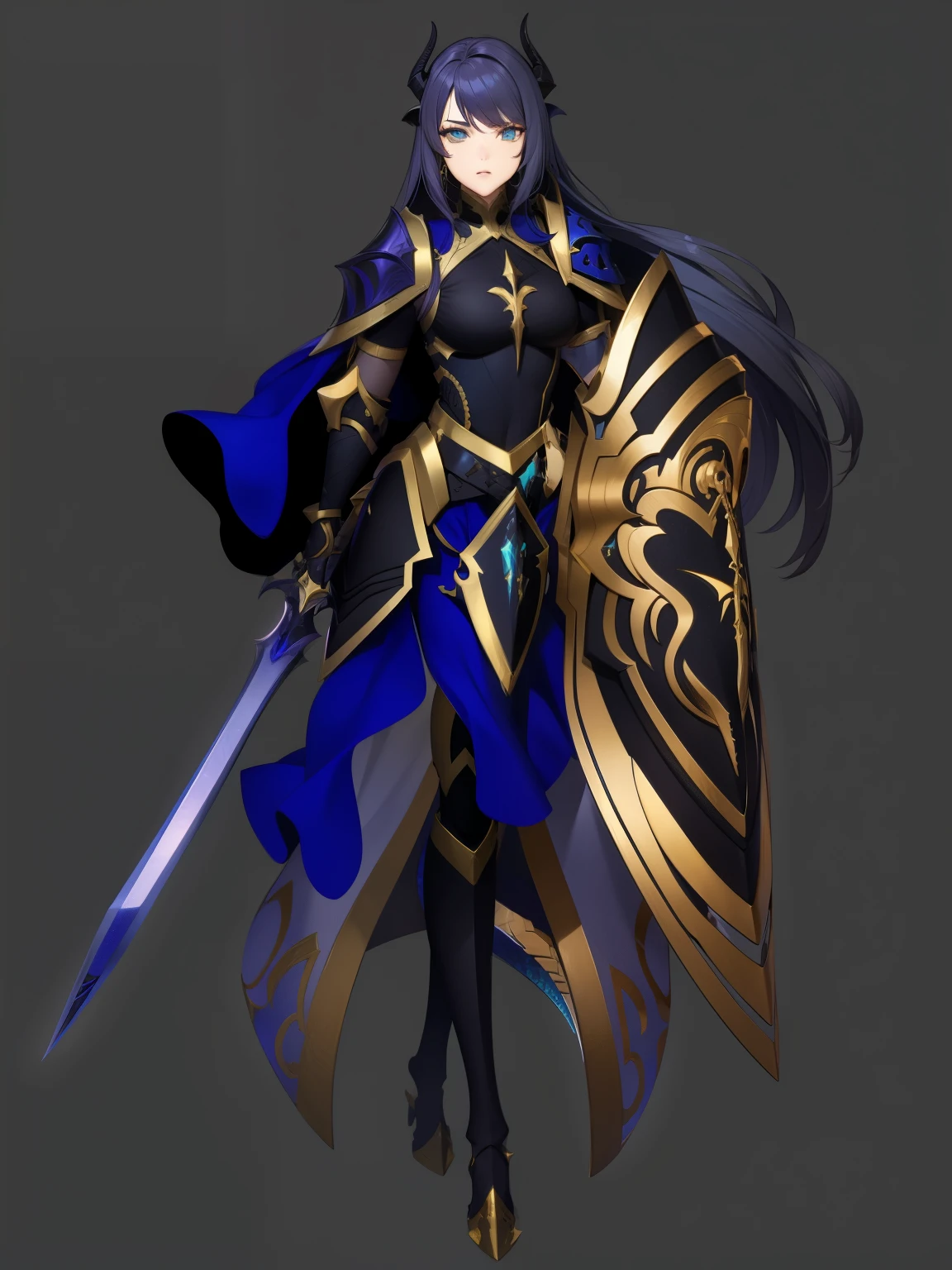 female paladin, dragon girl, black and gold armor, long hair, horns, scales, teal eyes