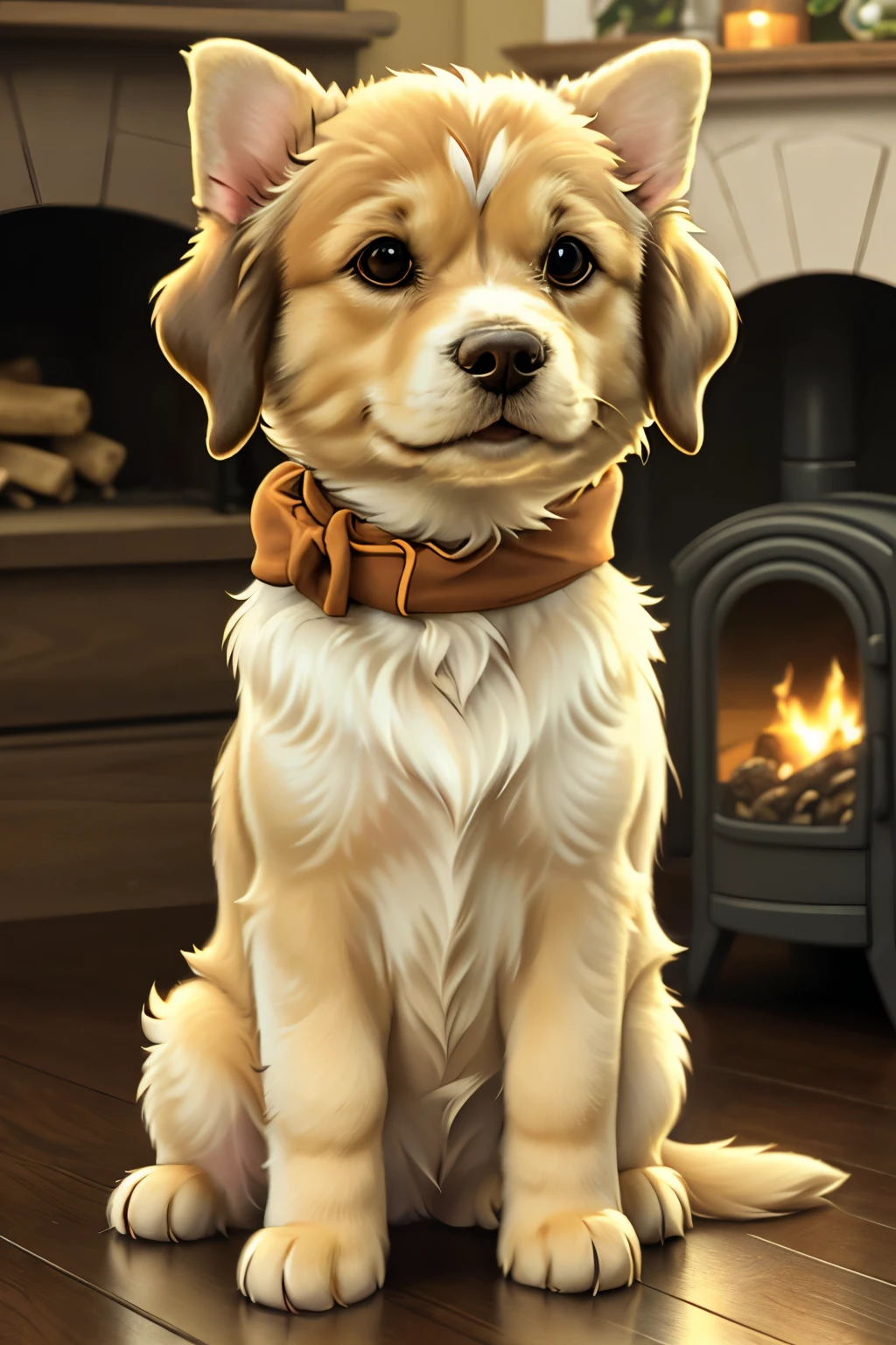 A charming and playful dog with wagging tail and bright, shining eyes. Its thick, fluffy coat is a mix of golden and brown hues, with patches of soft white fur on its chest and paws. The dog's inviting expressions and boundless energy radiate happiness and companionship. It sits gracefully in a cozy, dimly lit living room, with a warm fire crackling in the background, creating a captivating and peaceful atmosphere. The dog wears a colorful bandana around its neck, adding a touch of personality to its already lovable appearance.