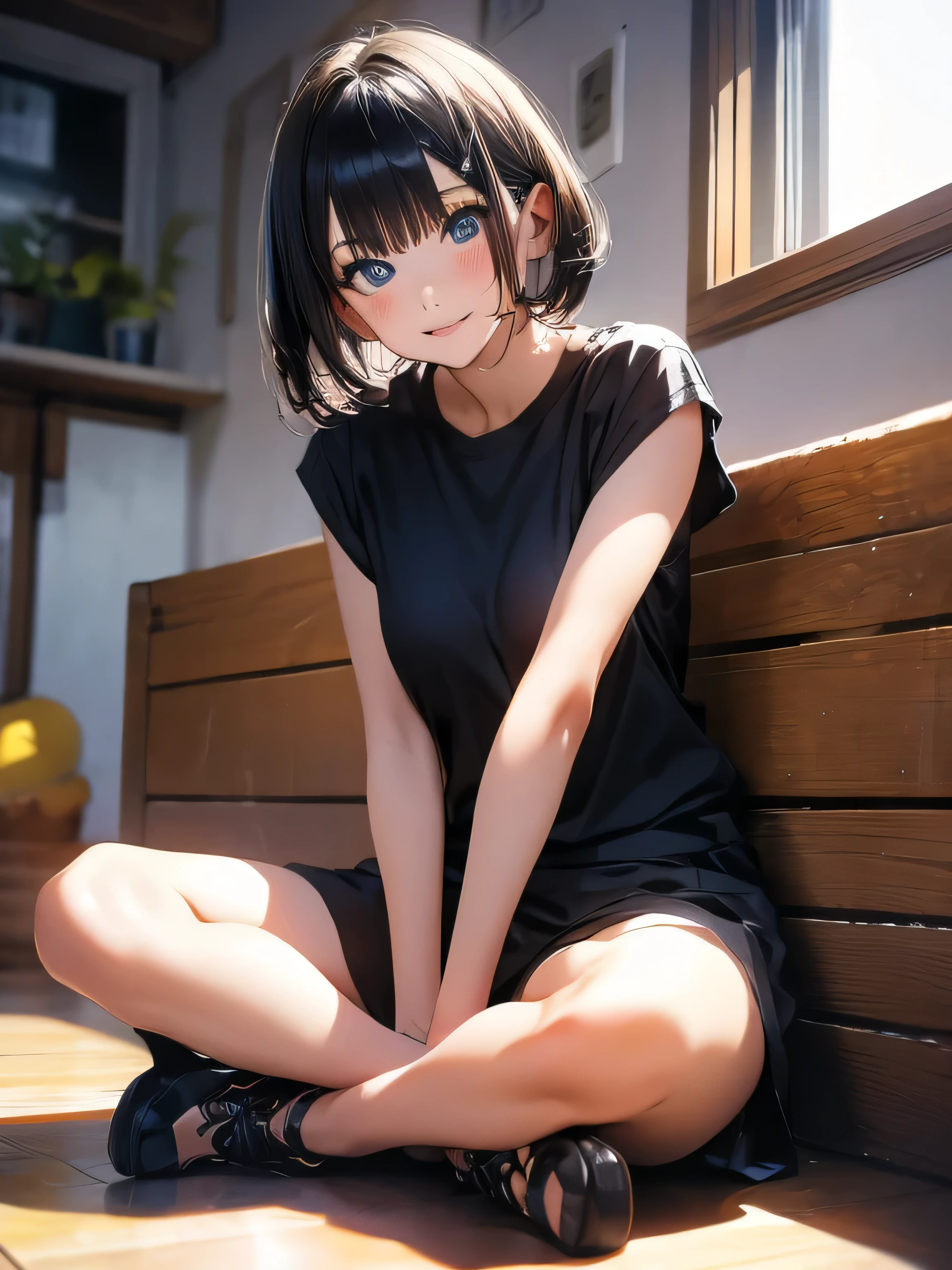 highest quality, masterpiece, woman1名, ((alone)), whole body, (Lotus:1.2), from below, anime, film portrait photography, woman, blue eyes, black hair, short bob hair, wearing a black T-shirt, anime, Moe art style, 8k