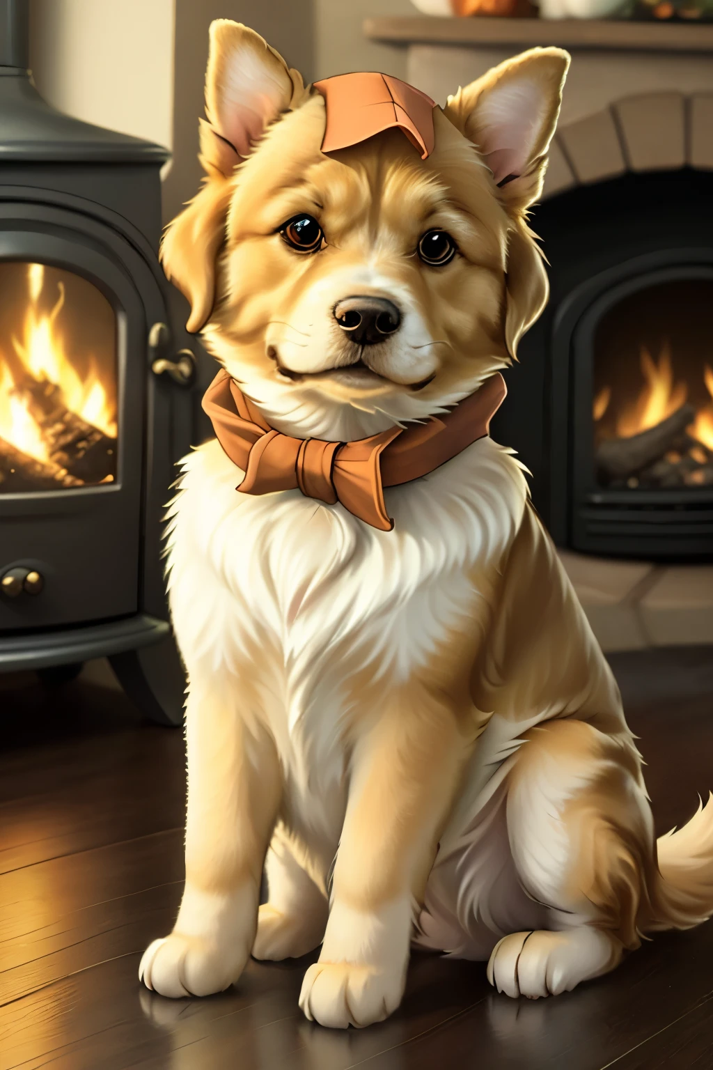 A charming and playful dog with wagging tail and bright, shining eyes. Its thick, fluffy coat is a mix of golden and brown hues, with patches of soft white fur on its chest and paws. The dog's inviting expressions and boundless energy radiate happiness and companionship. It sits gracefully in a cozy, dimly lit living room, with a warm fire crackling in the background, creating a captivating and peaceful atmosphere. The dog wears a colorful bandana around its neck, adding a touch of personality to its already lovable appearance.